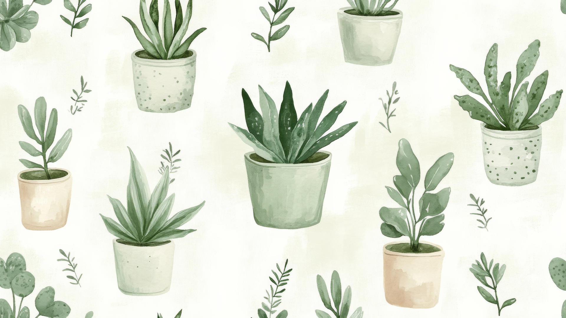 sage green aesthetic wallpaper with hand-drawn houseplants in ceramic pots