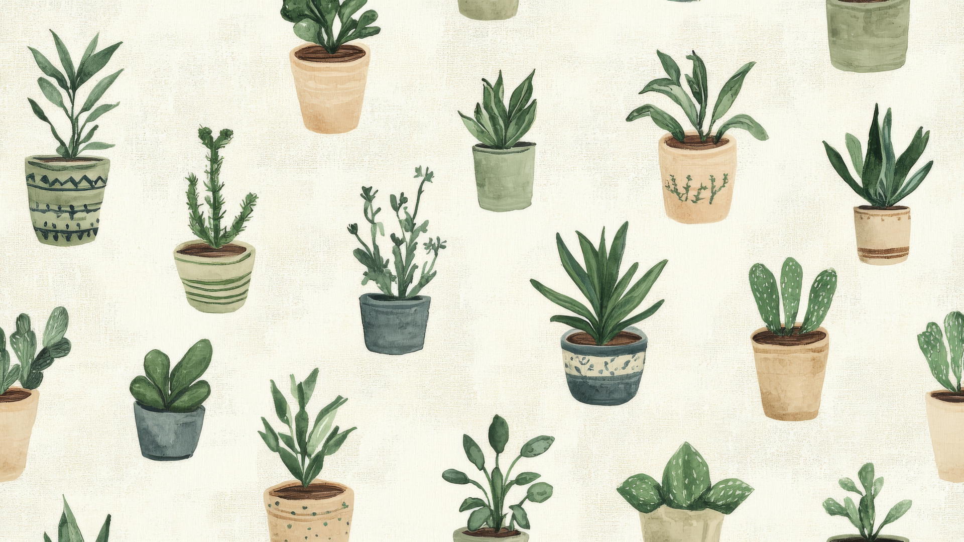 A whimsical sage green aesthetic wallpaper featuring hand-drawn houseplants and succulents.
