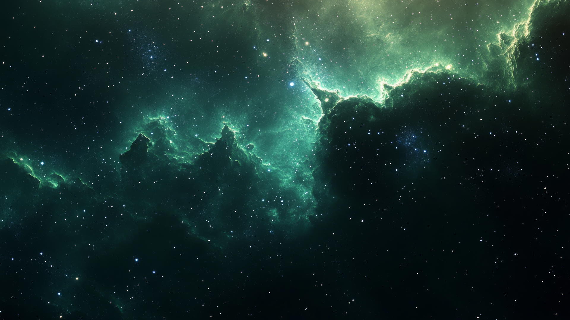 A cosmic scene with dark green nebulae and distant stars set against a deep space sky, dark green wallpaper