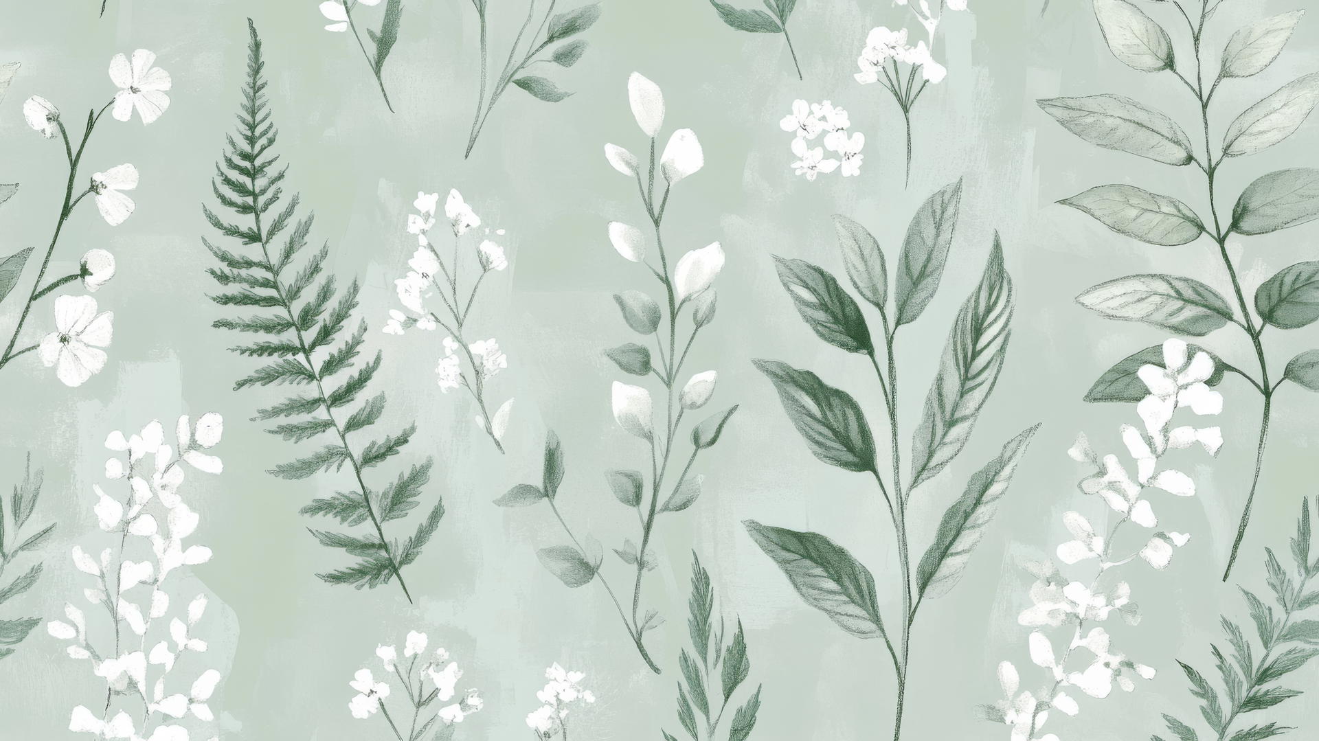 whimsical sage green wallpaper with hand-drawn botanical illustrations