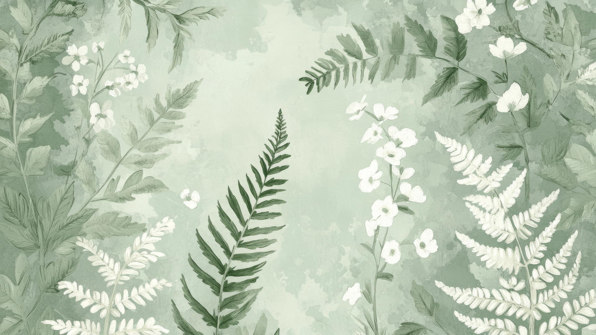 sage green wallpaper with hand-drawn botanical ferns and wildflowers