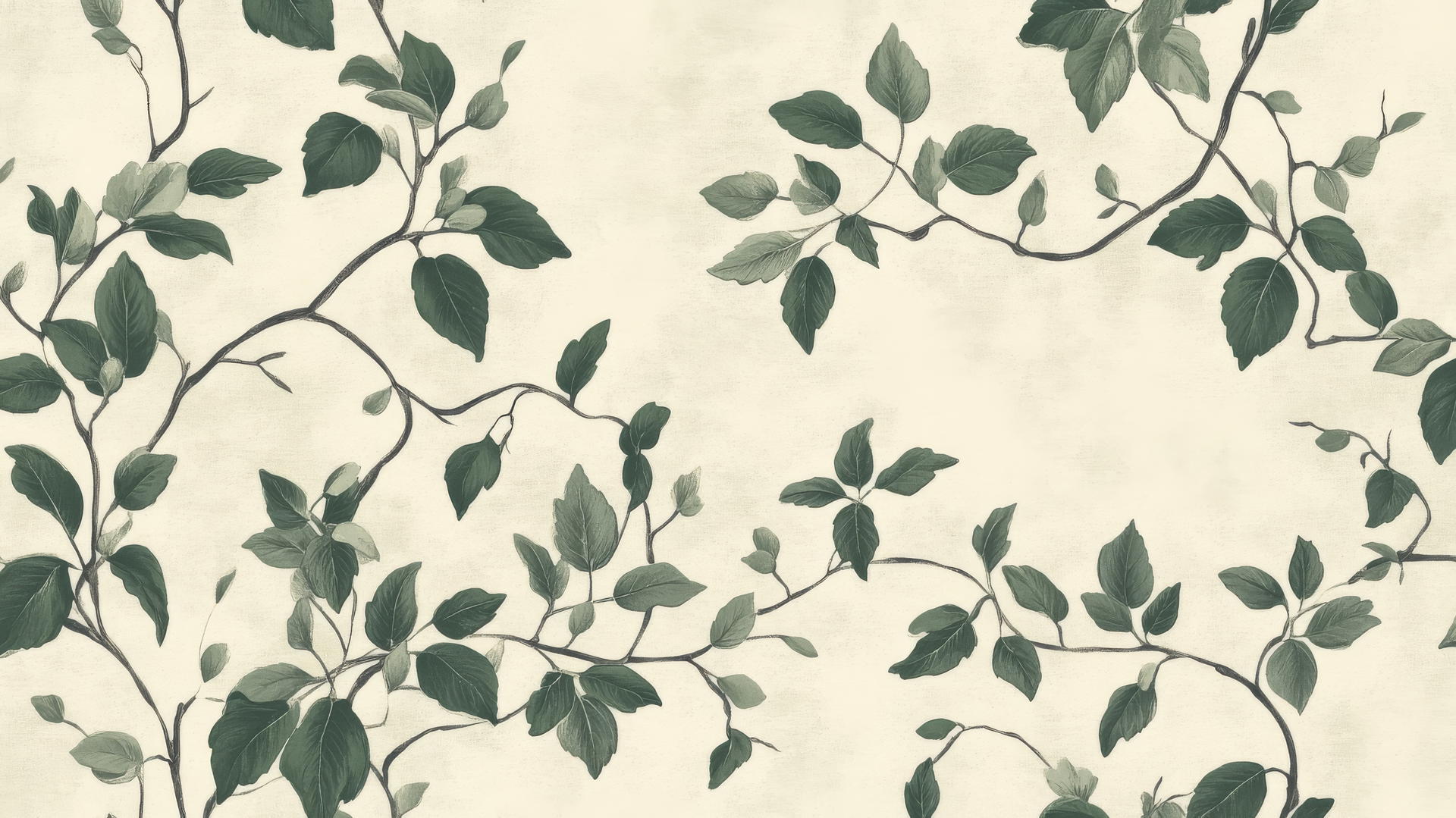 sage green wallpaper with intricately detailed leaves and vines on soft beige background
