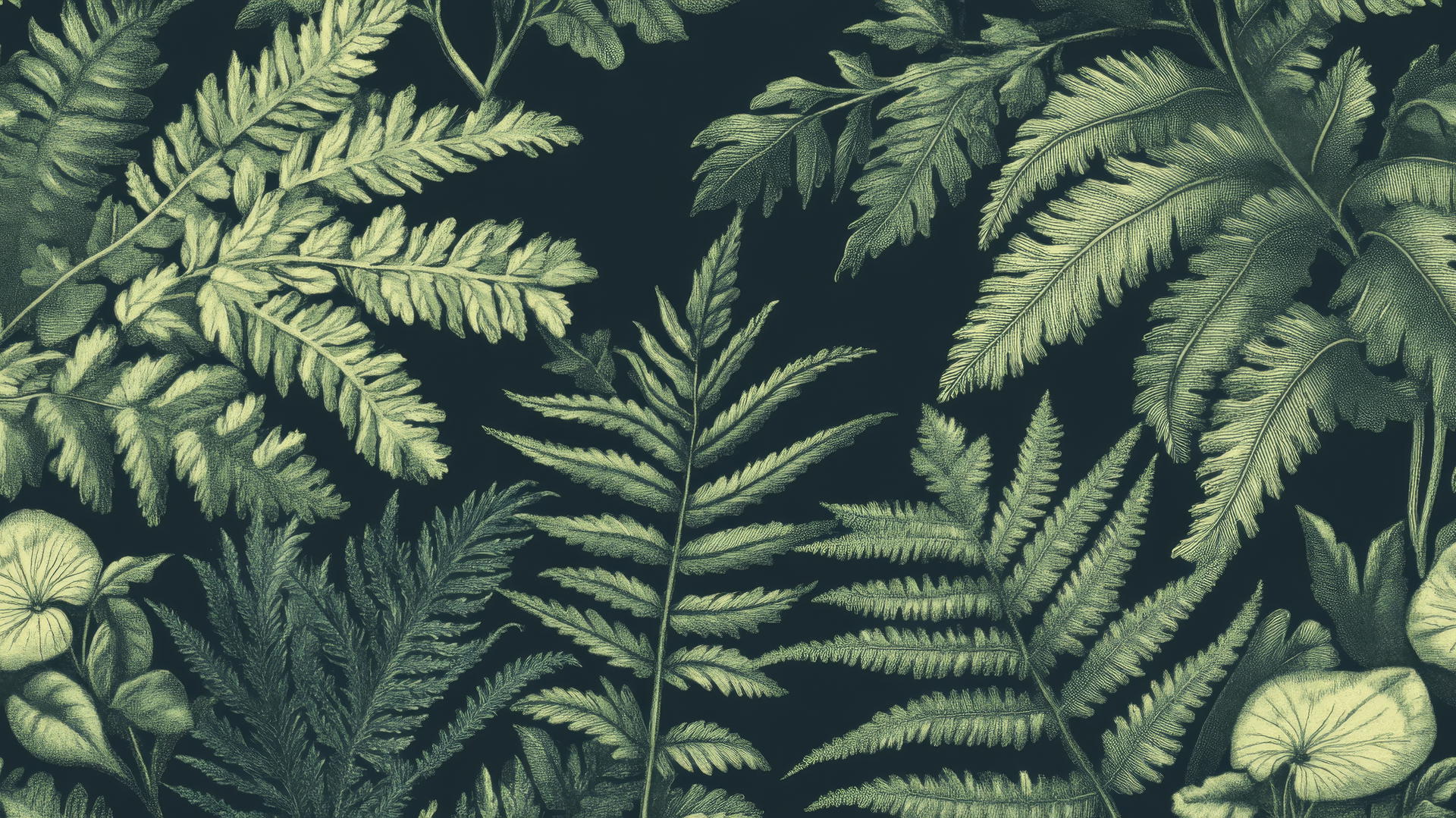 Elegant botanical design with ferns and deep greens, green wallpaper