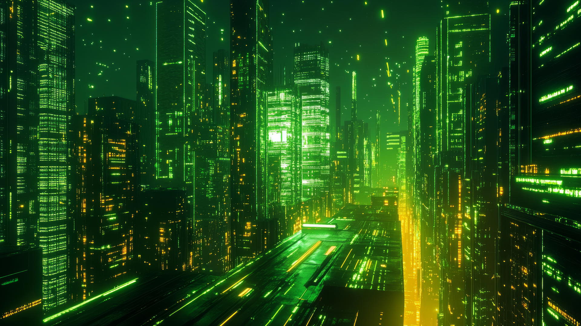 Futuristic digital cityscape with neon green lights