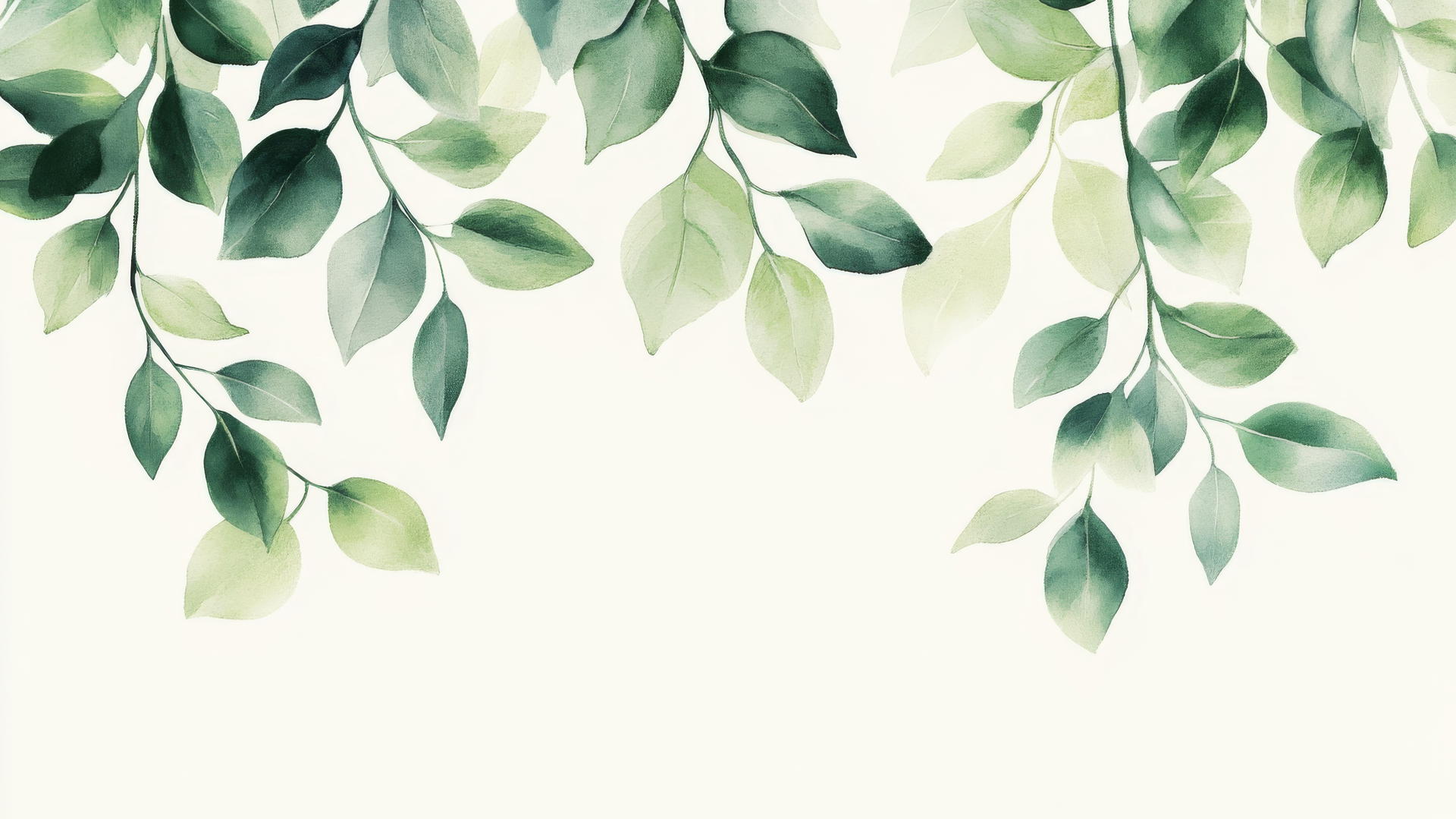 green wallpaper with soft green leaves cascading on a light background