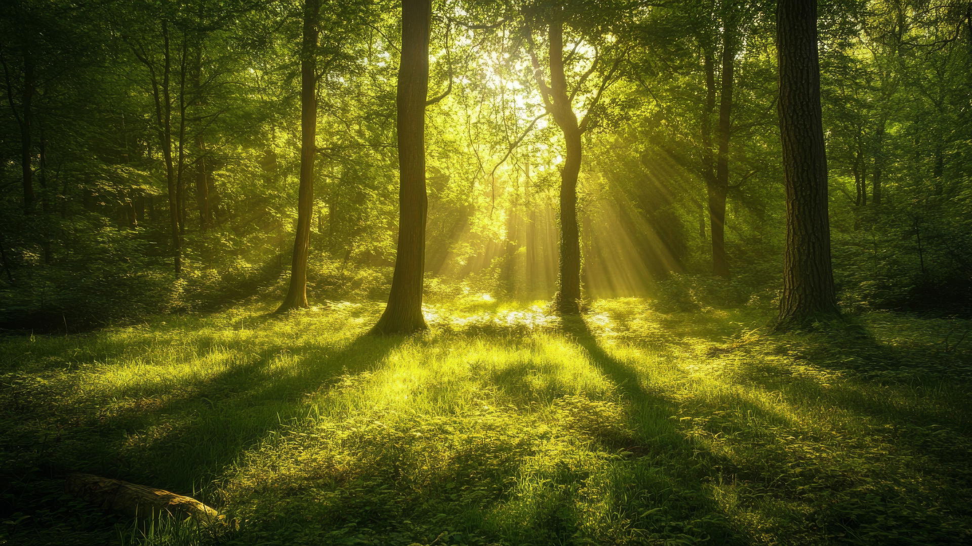 Green wallpaper of a serene forest with sunlight through leaves.