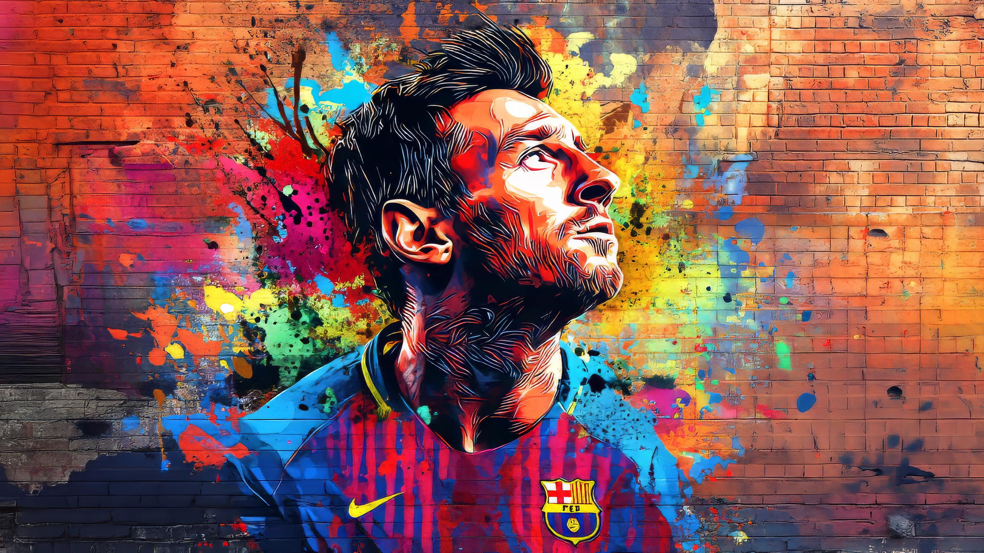 Cool Messi wallpaper 4K with graffiti-style digital artwork, bright paint splashes, abstract shapes, urban brick wall