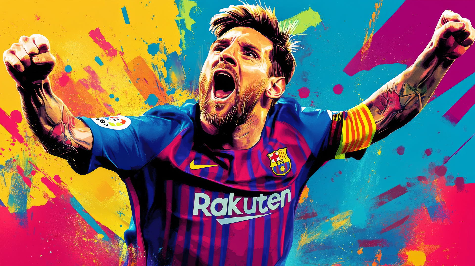 cool messi wallpaper 4k in pop art style with bright colors and halftone patterns