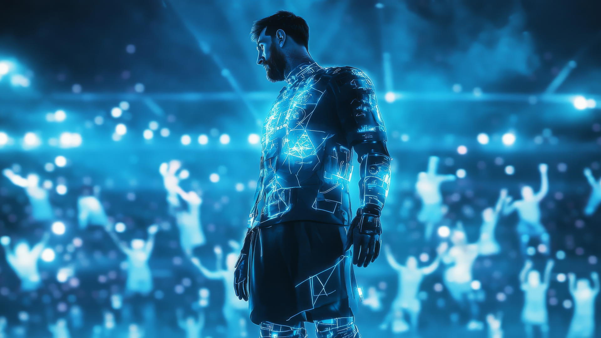 cool messi wallpaper 4k, Messi as a futuristic gladiator with glowing armor and digital sword