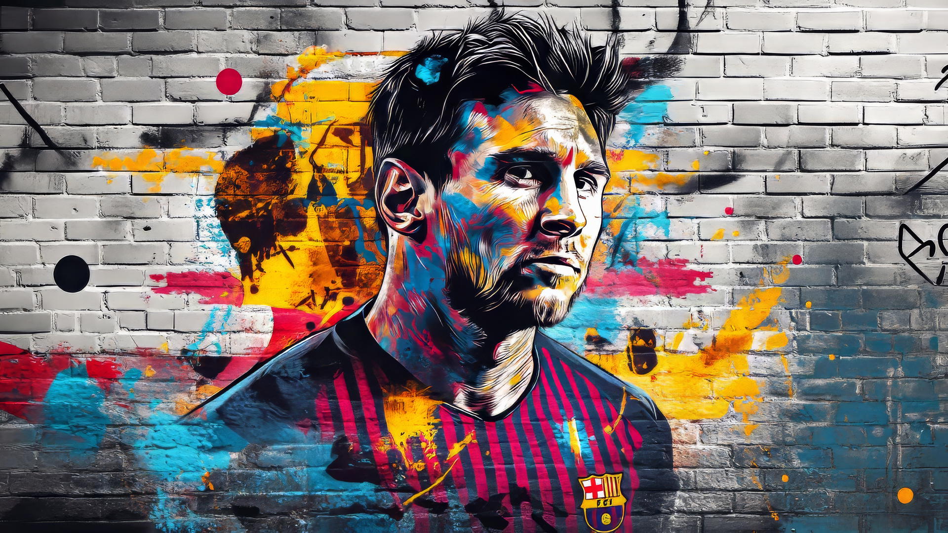 cool messi wallpaper 4k with graffiti-style artwork, bright paint splashes, abstract shapes, urban brick wall