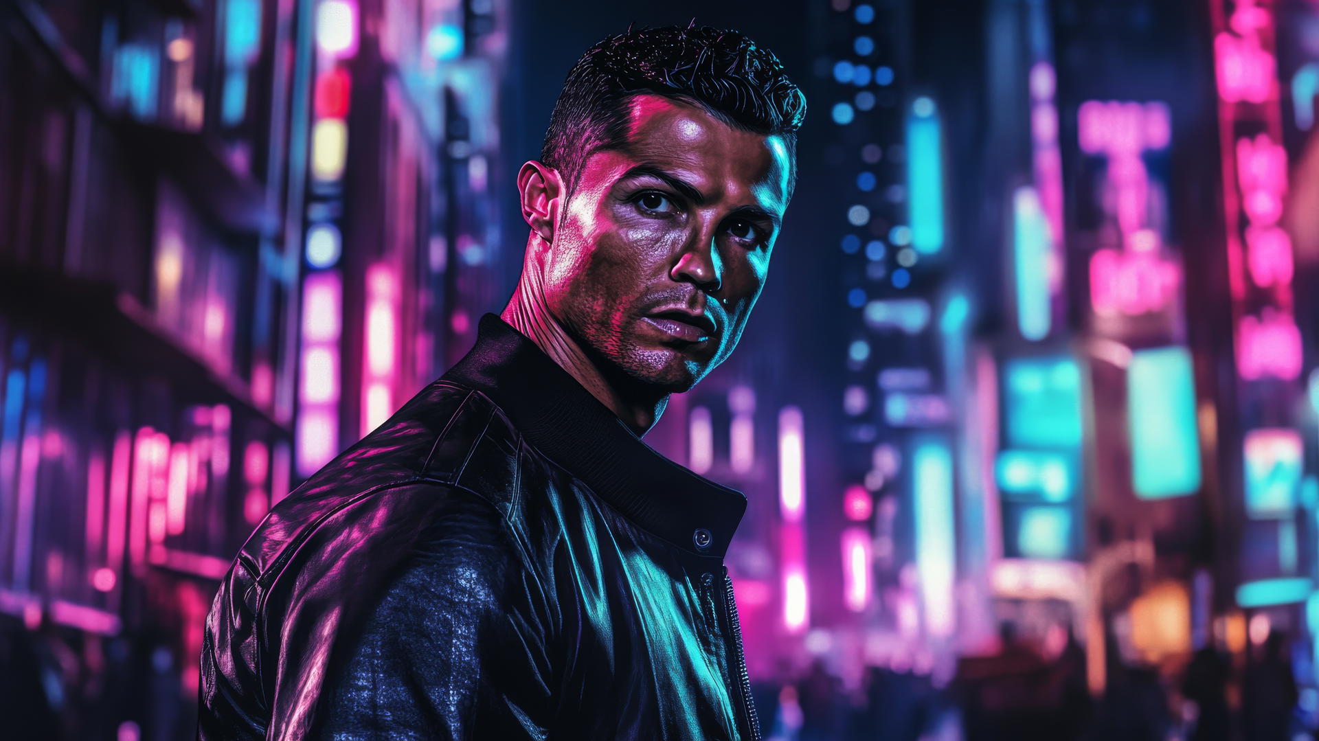 cool Ronaldo wallpaper 4K, Cristiano Ronaldo in sleek leather jacket, neon cityscape at night