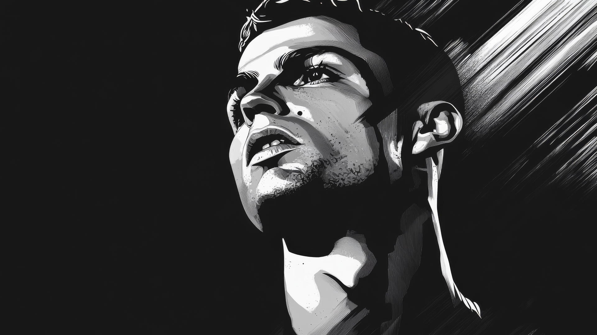 cristiano ronaldo 4k wallpaper with a stylized, black-and-white portrait, high contrast