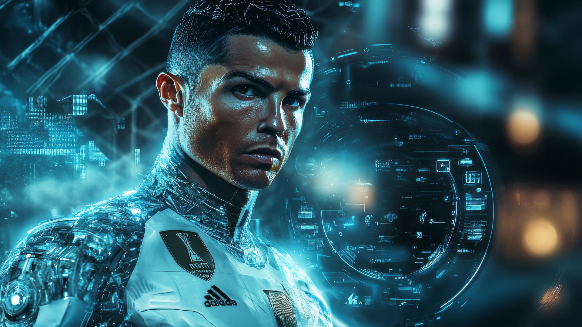 Cristiano Ronaldo in futuristic armor with holographic interface, cristiano ronaldo 4k wallpaper