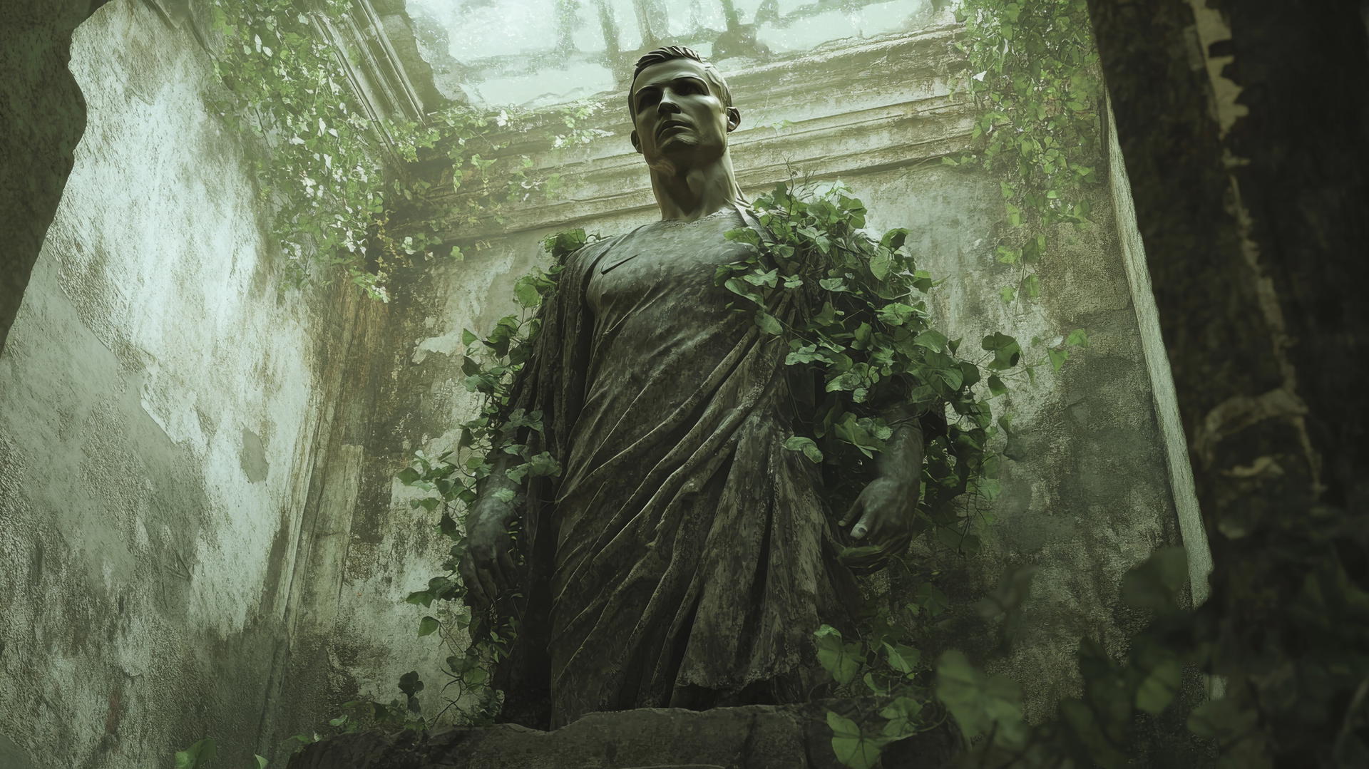 wallpaper Ronaldo as a timeless statue in an ancient temple with vines