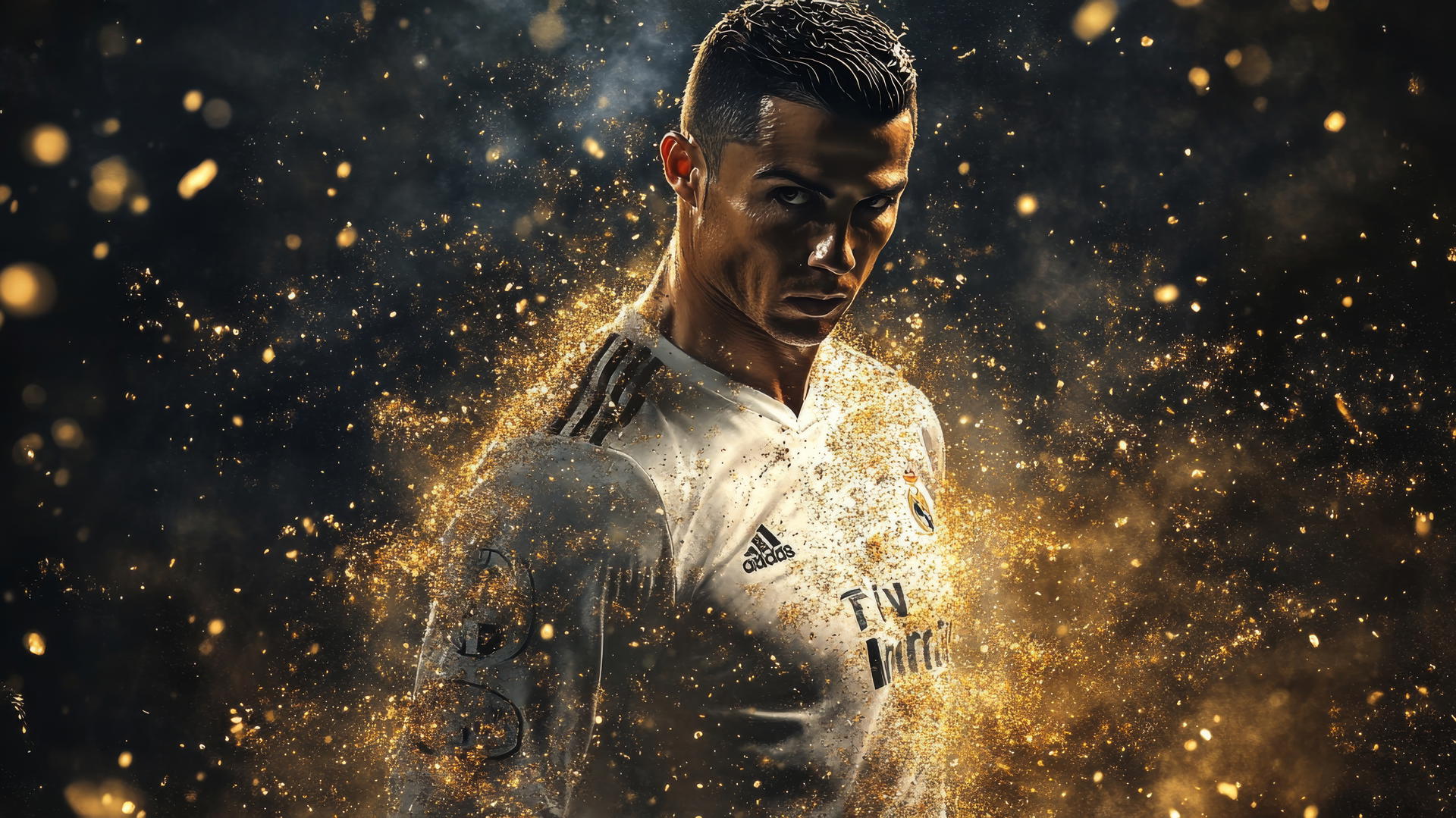 Cristiano Ronaldo wallpaper 4K with golden particles and dark background