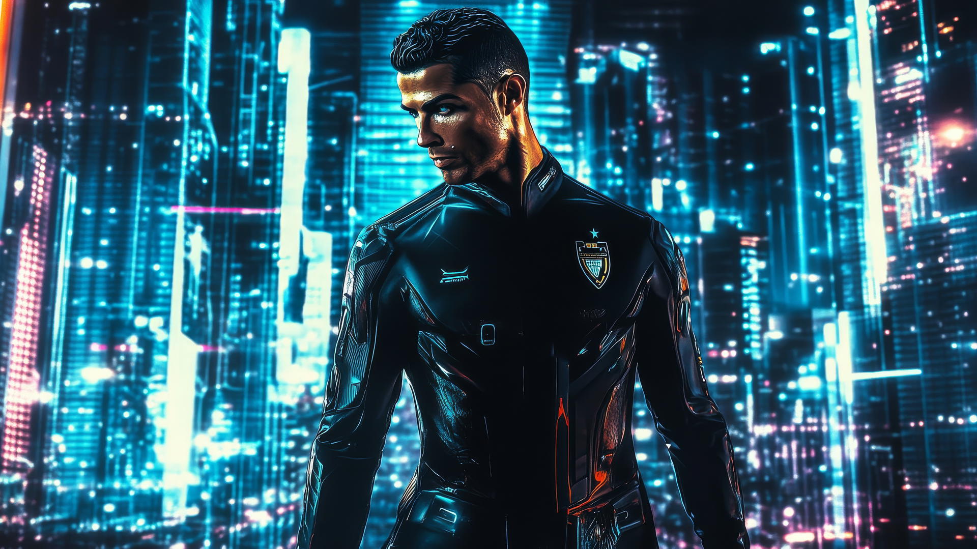 Cristiano Ronaldo wallpaper 4k in futuristic suit with neon digital cityscape
