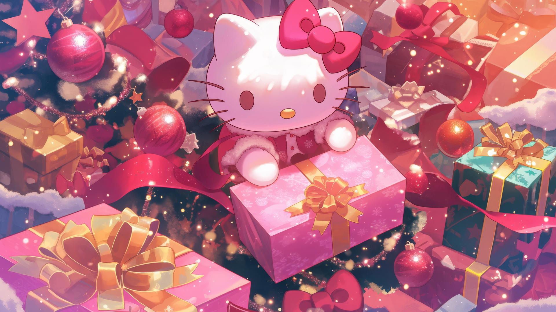 Hello Kitty Christmas wallpaper with pink gift and holiday decor