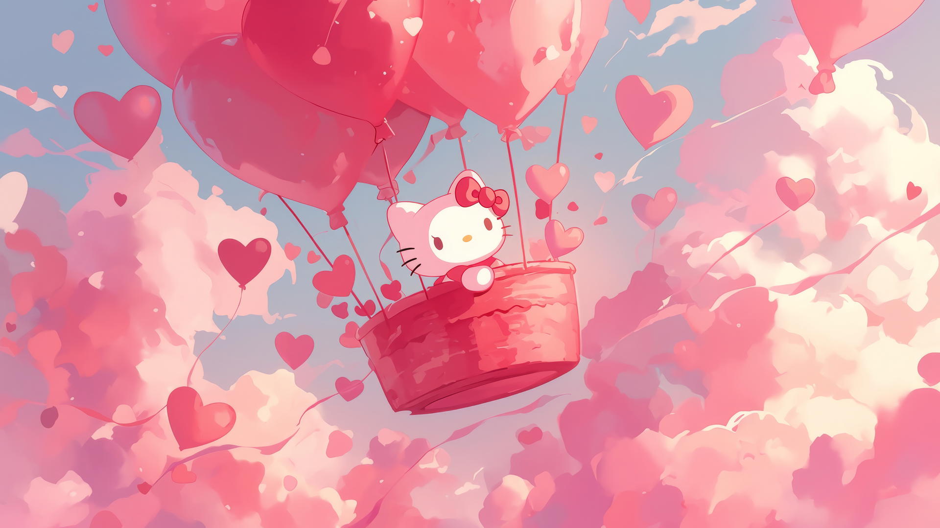 pink Hello Kitty wallpaper with Hello Kitty in a pink hot air balloon, heart-shaped clouds, and pastel pink sky