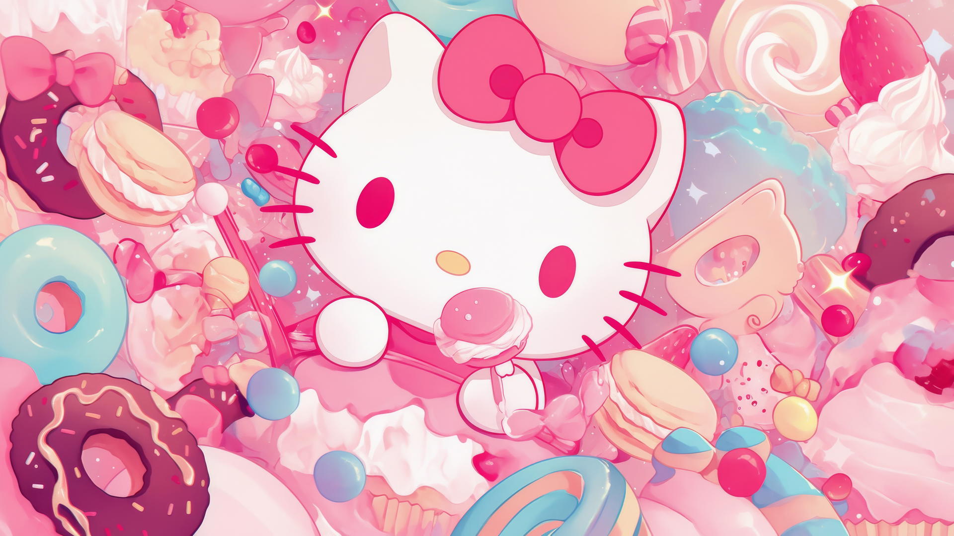 Cute Hello Kitty wallpaper with macarons, cupcakes, and candies in pastel colors