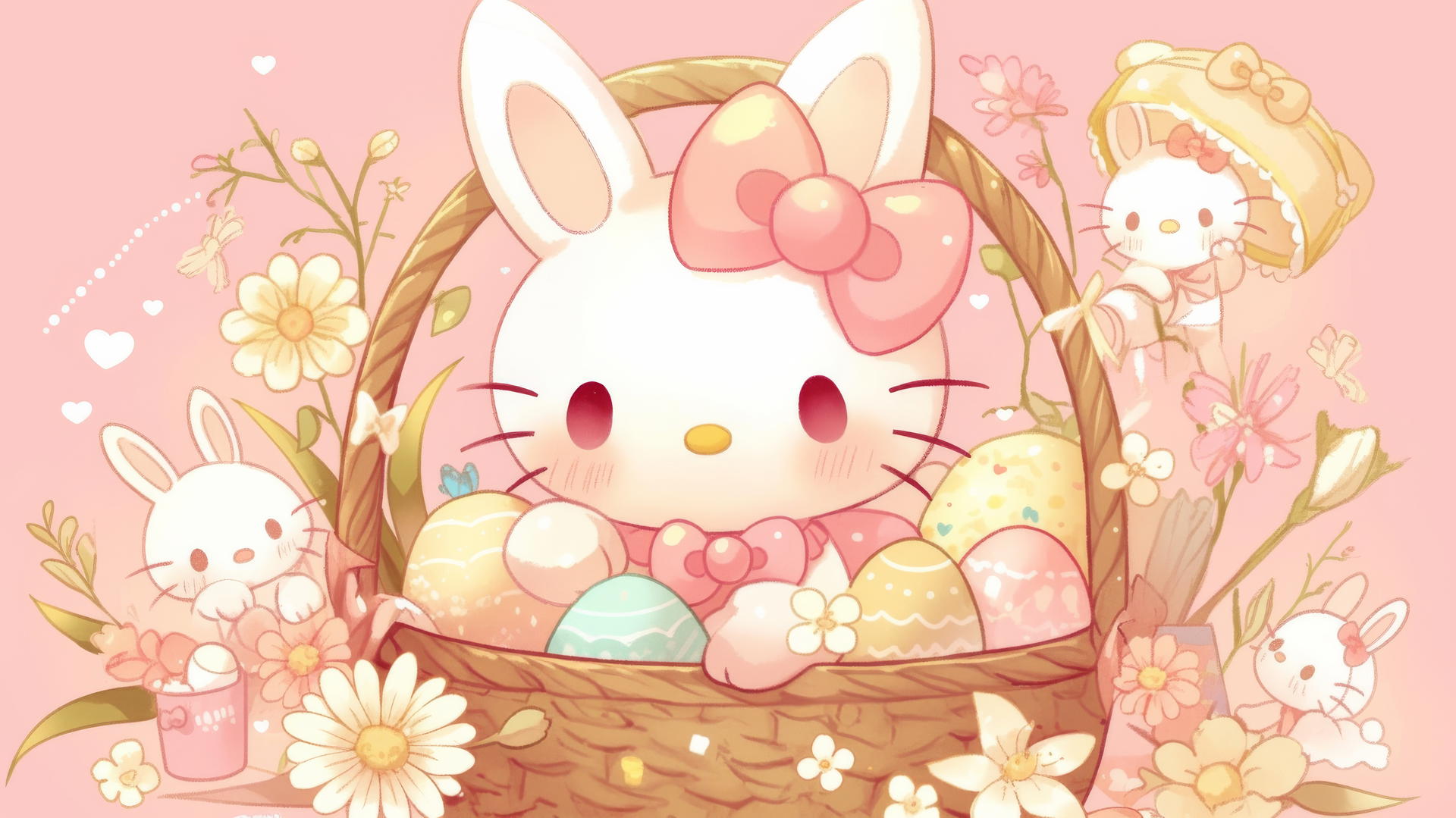 cute hello kitty wallpaper with Hello Kitty in a bunny costume in a basket of Easter eggs