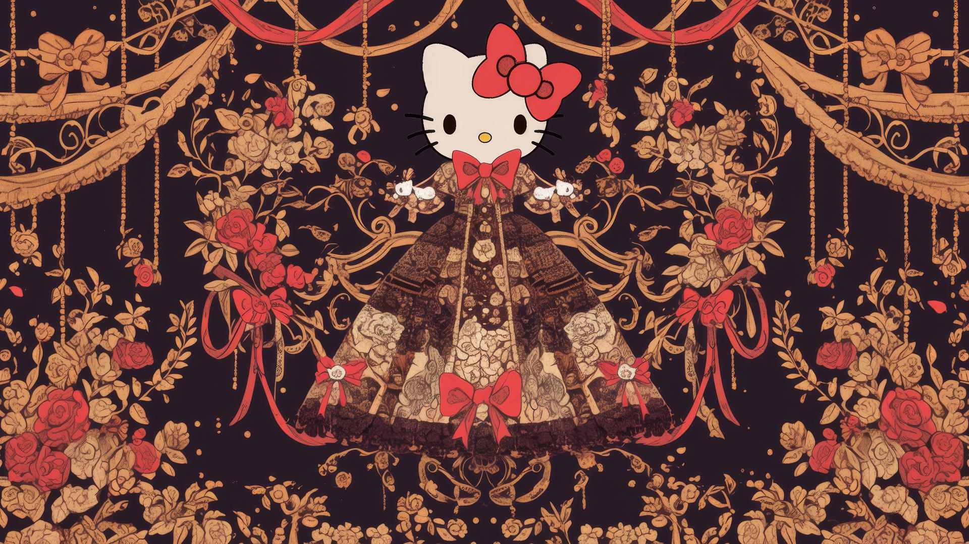 hello kitty aesthetic wallpaper with black lace, intricate patterns, and delicate bows