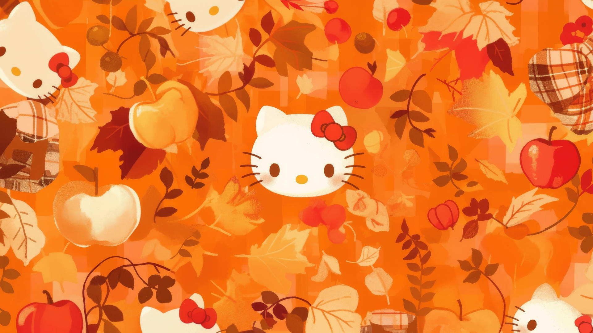 hello kitty wallpaper aesthetic with autumn themes, warm colors, and plaid pattern