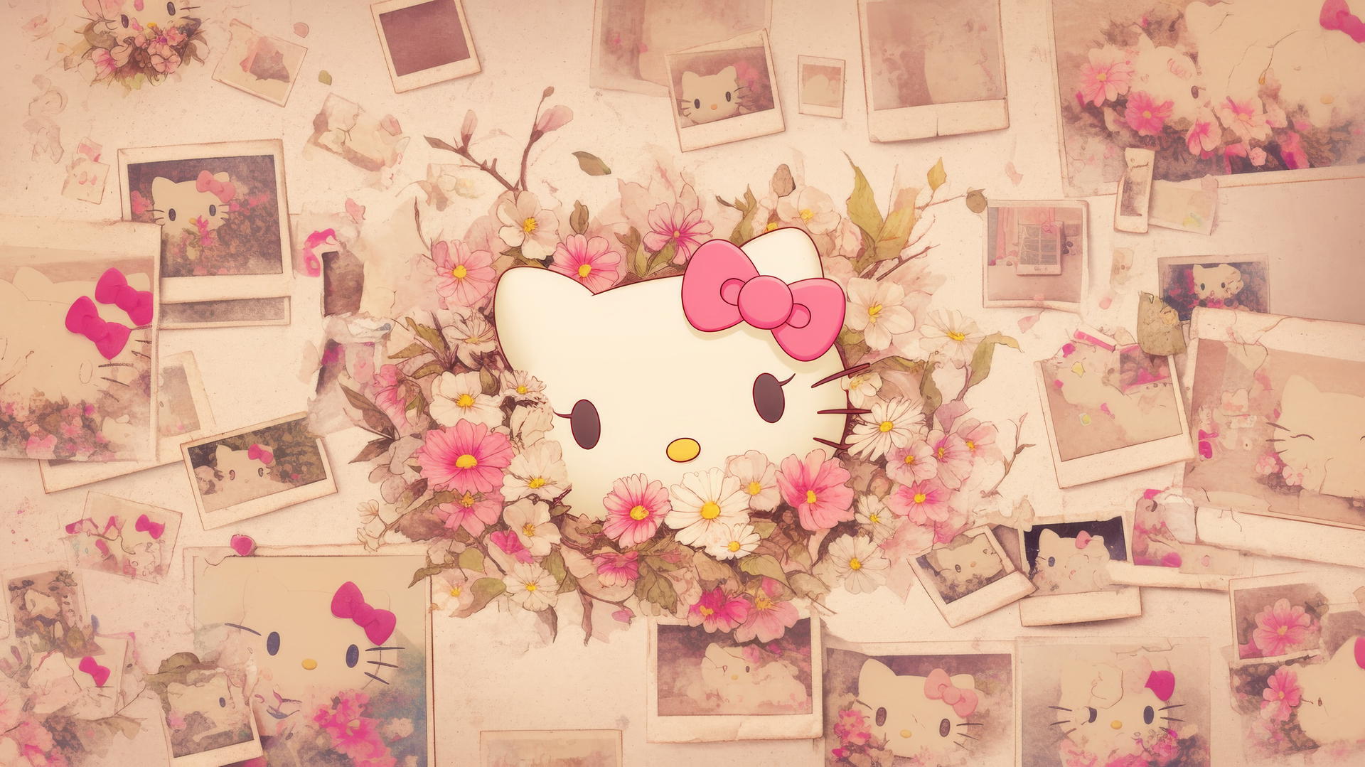 hello kitty wallpaper aesthetic with vintage polaroid collage, faded colors, and nostalgic vibe