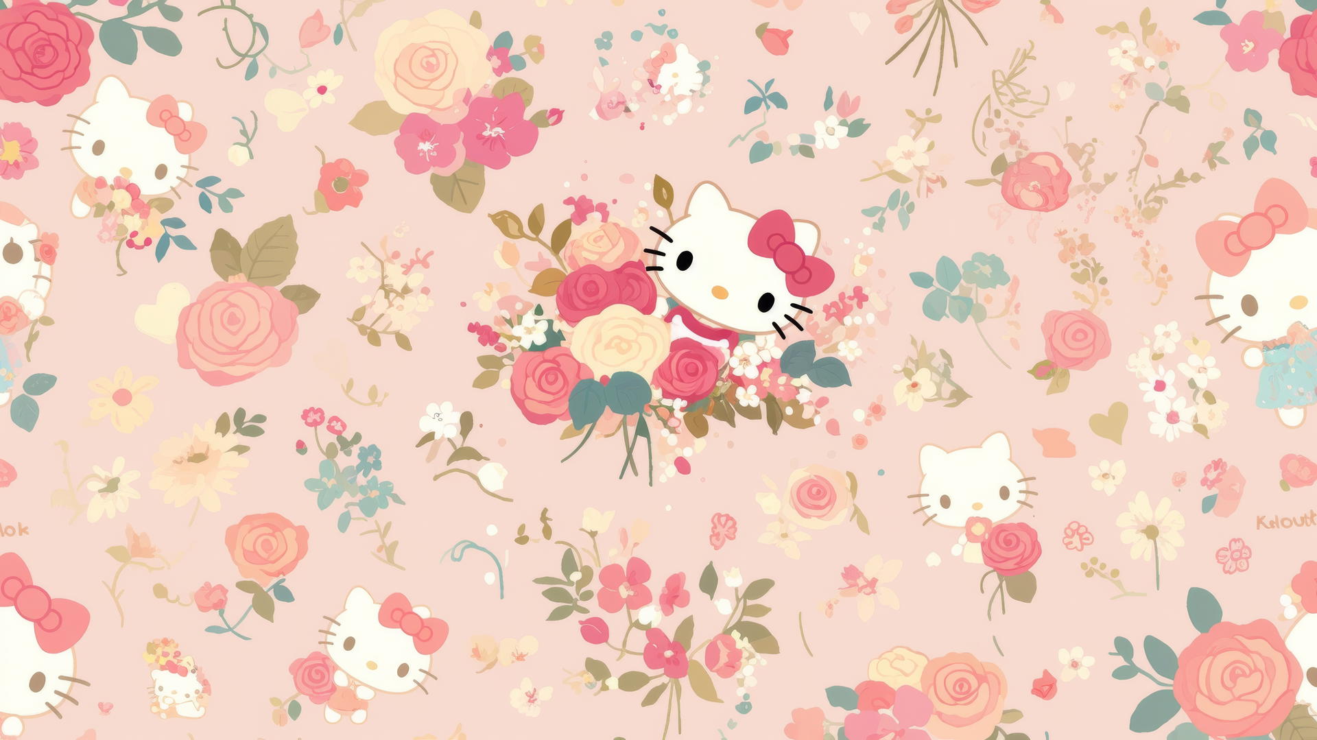 hello kitty wallpaper aesthetic with delicate roses and a gentle pink background