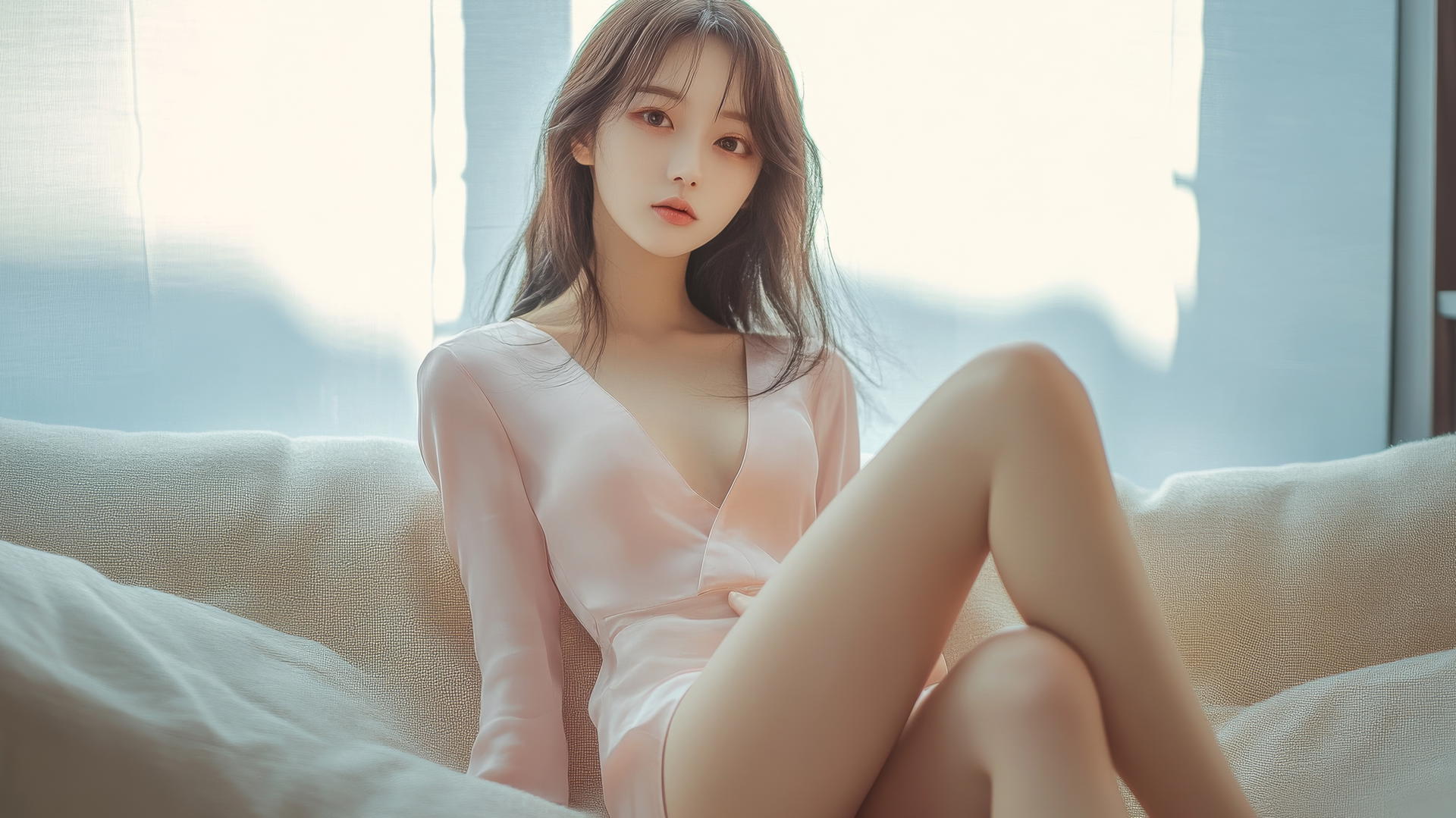 Korean teenage girl in cheongsam, sitting on sofa, side view with crossed legs, wearing high heels