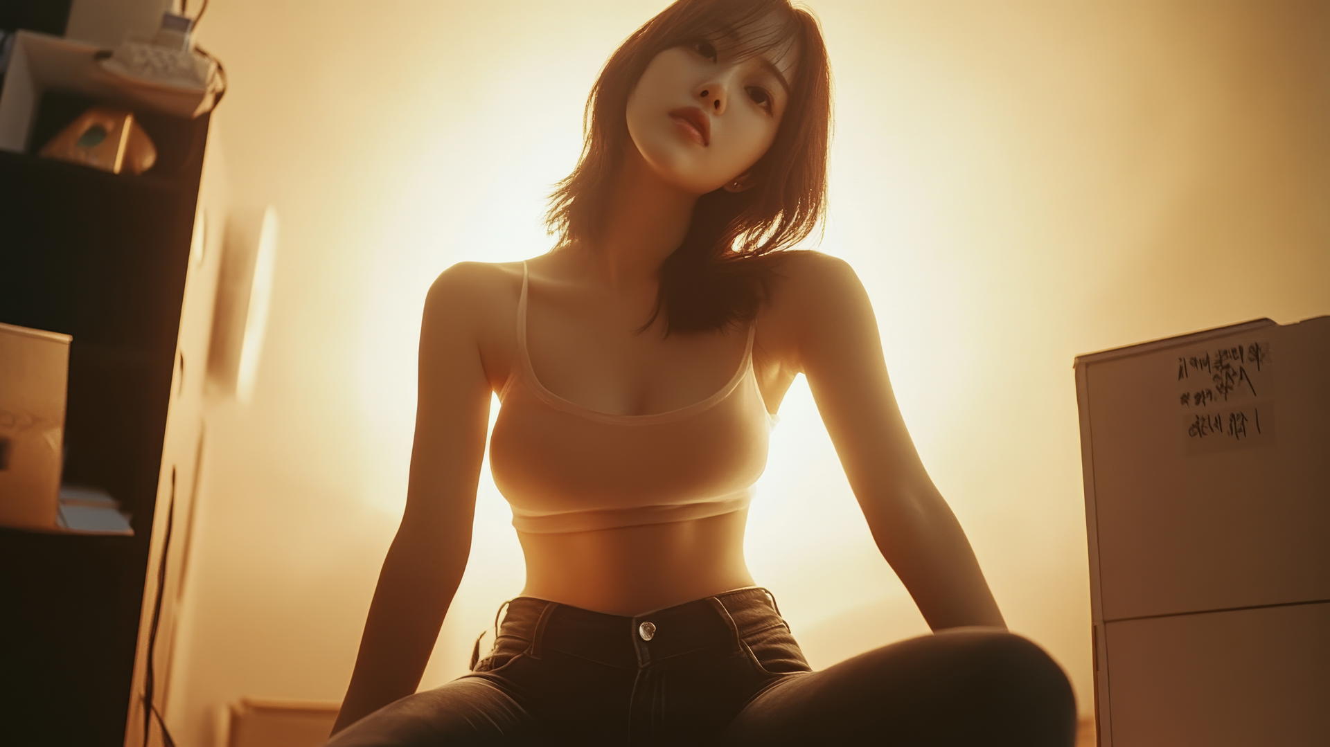 Kneeling Korean pop star girl seen from below, leaning forward with warm light