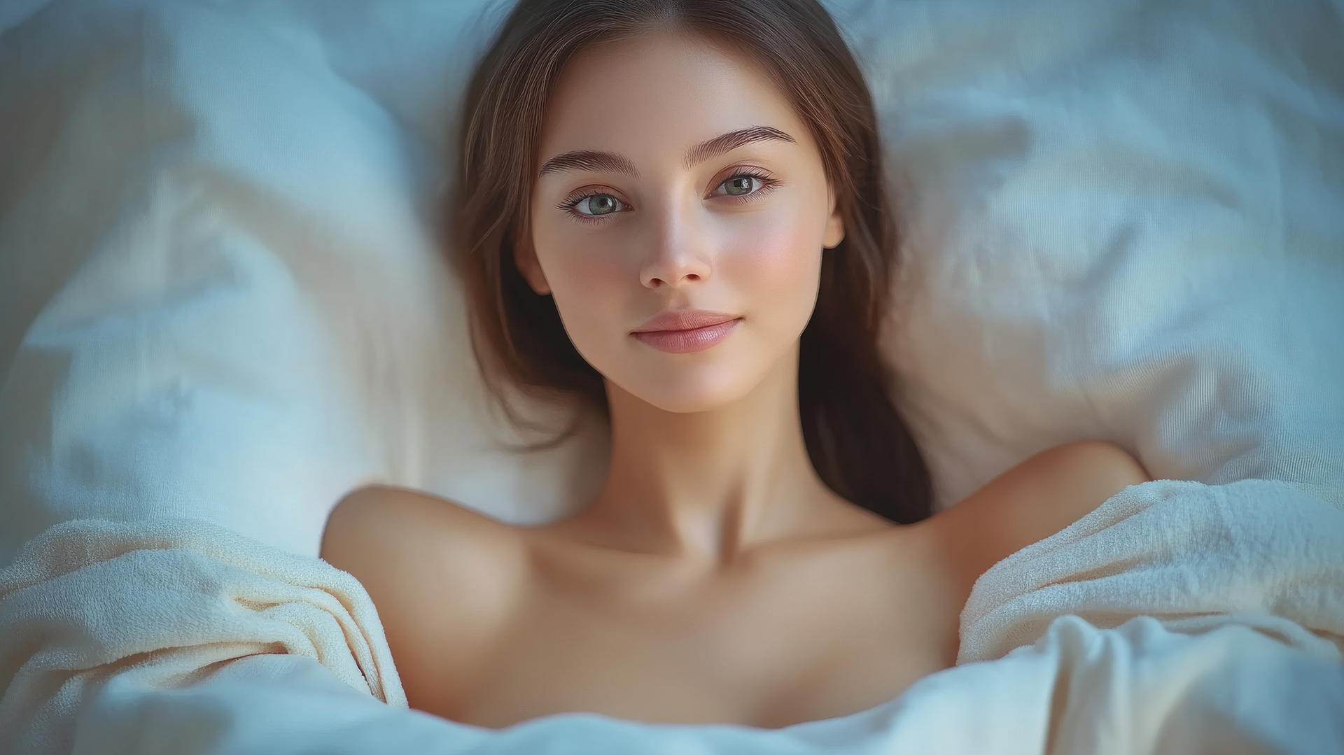 Top-down view of smiling Vietnamese woman in bed with natural light on legs