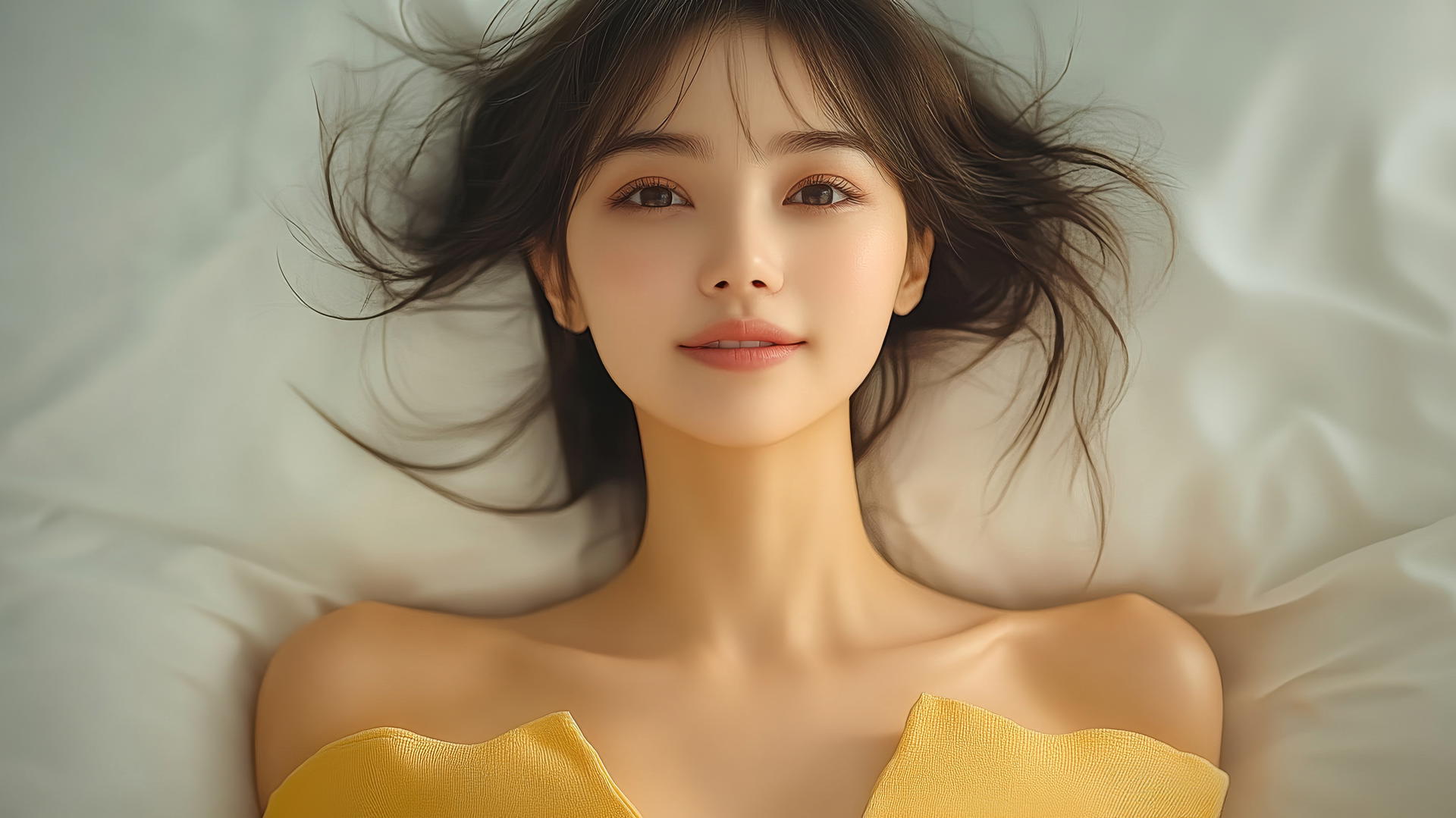 Top-down view of smiling Vietnamese woman in bed with smooth pink skin