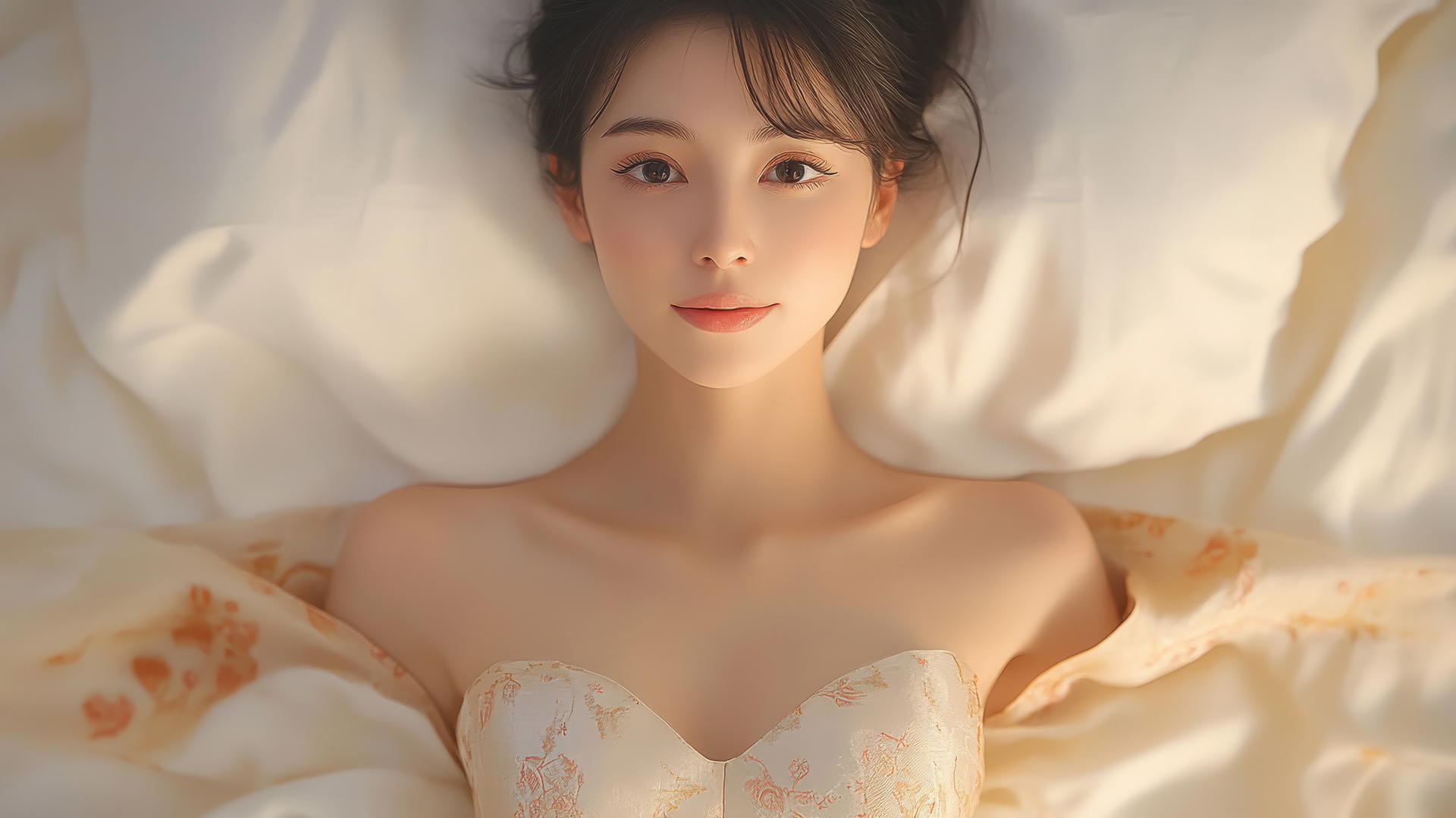 Top-down view of Vietnamese woman in Ao Dai, smiling in bed, natural light