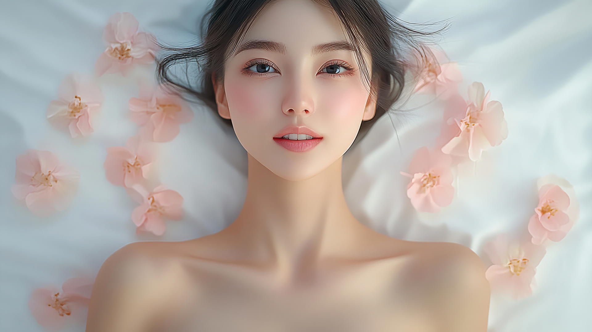 Top-down view of a smiling Vietnamese woman in Ao Dai with smooth pink skin