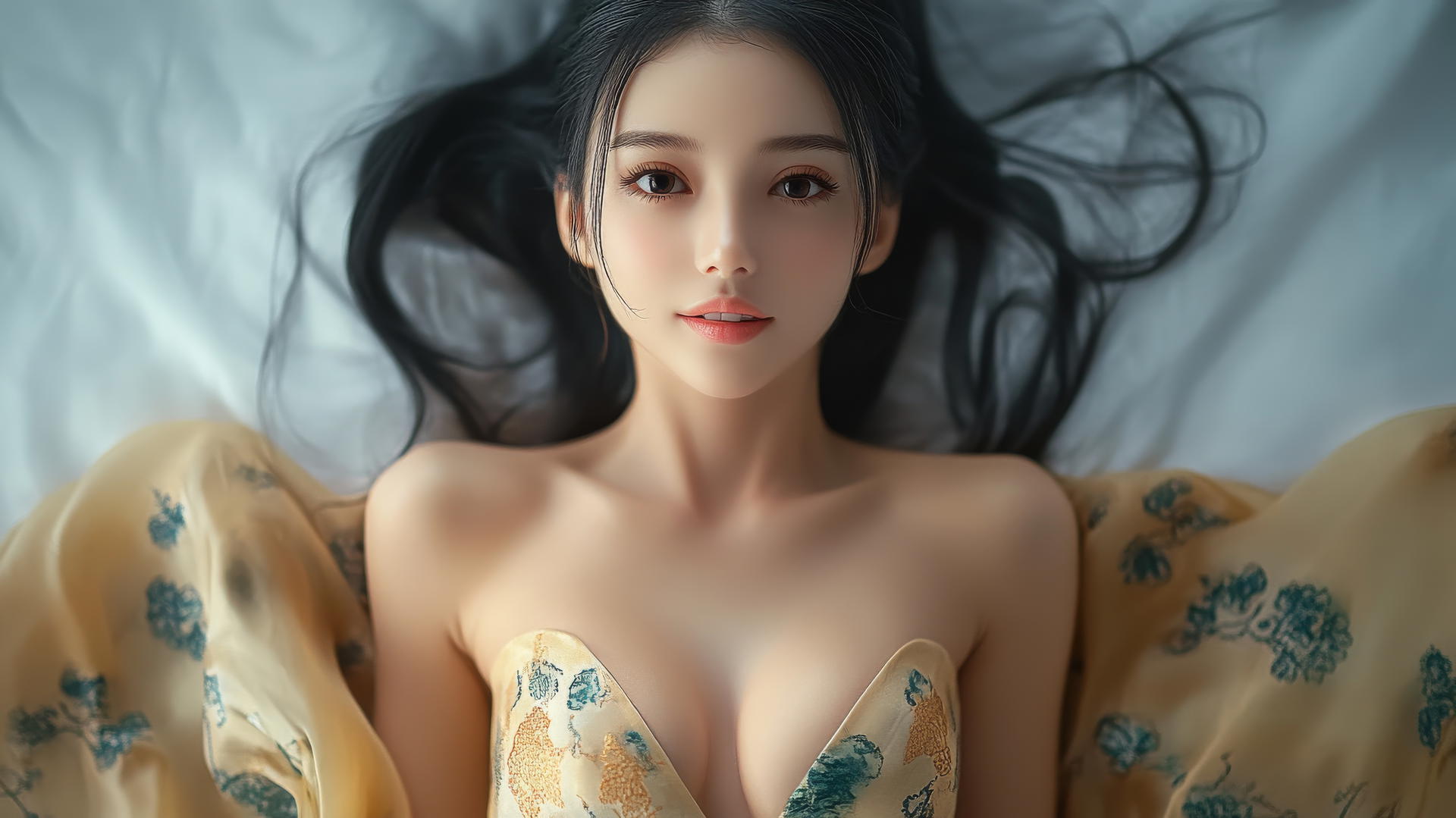 Top-down view of Vietnamese woman in Ao Dai dress smiling in bed with natural light.