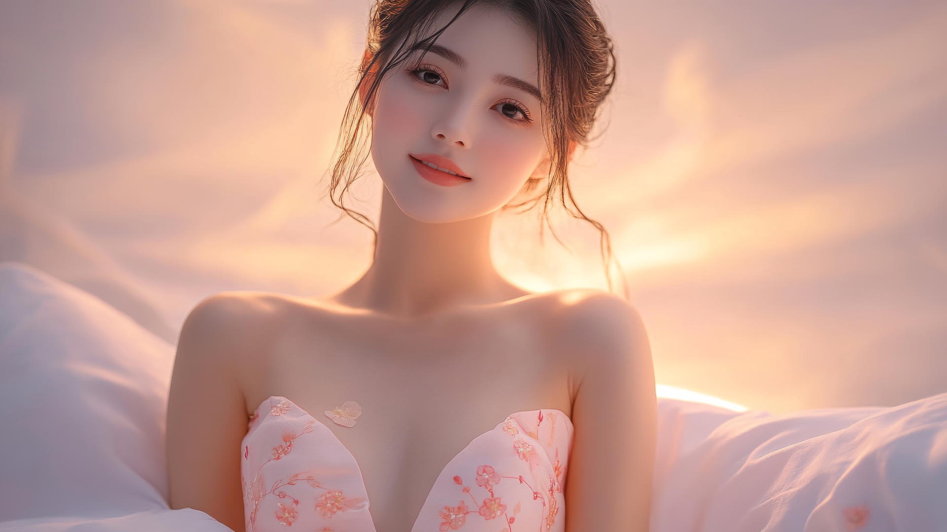 Top-down view of a smiling Vietnamese woman in Ao Dai on bed