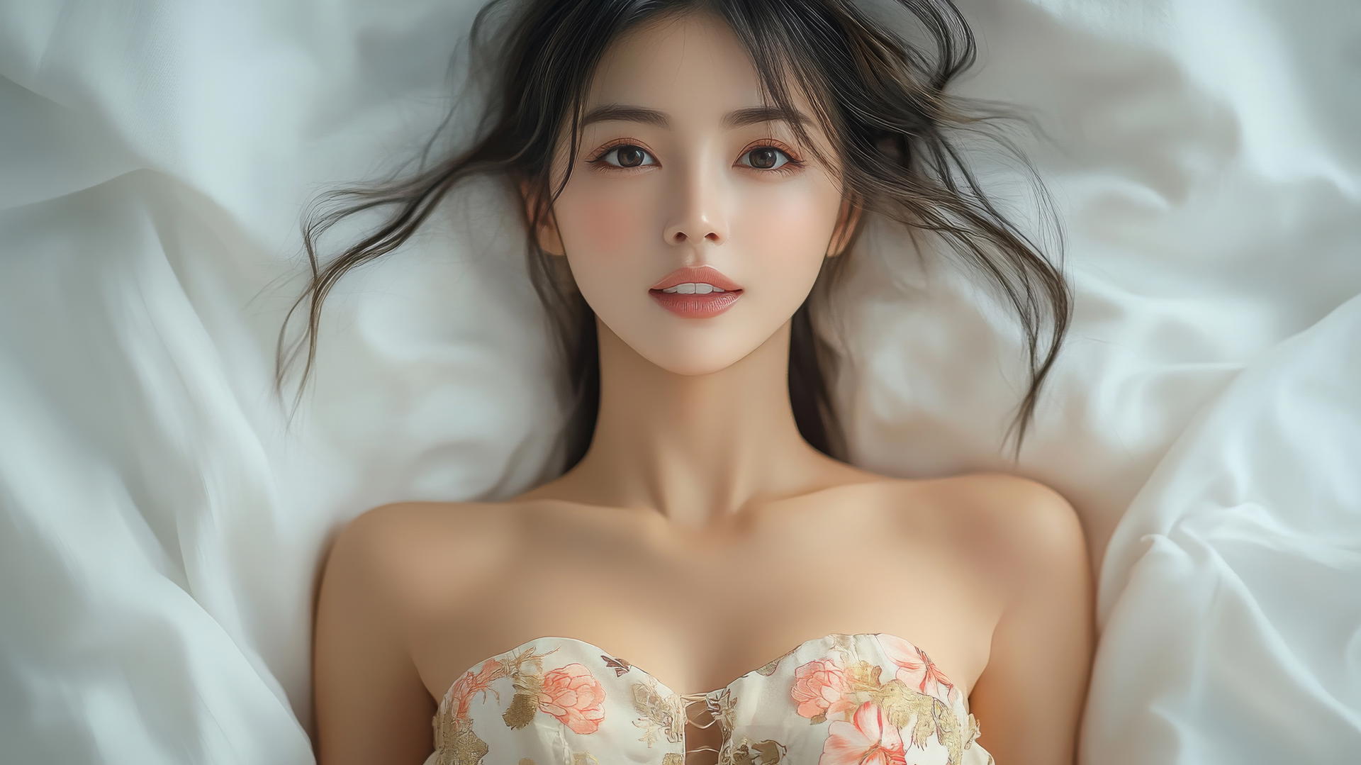 Top-down view of smiling Vietnamese woman in Ao Dai dress in bed with natural light