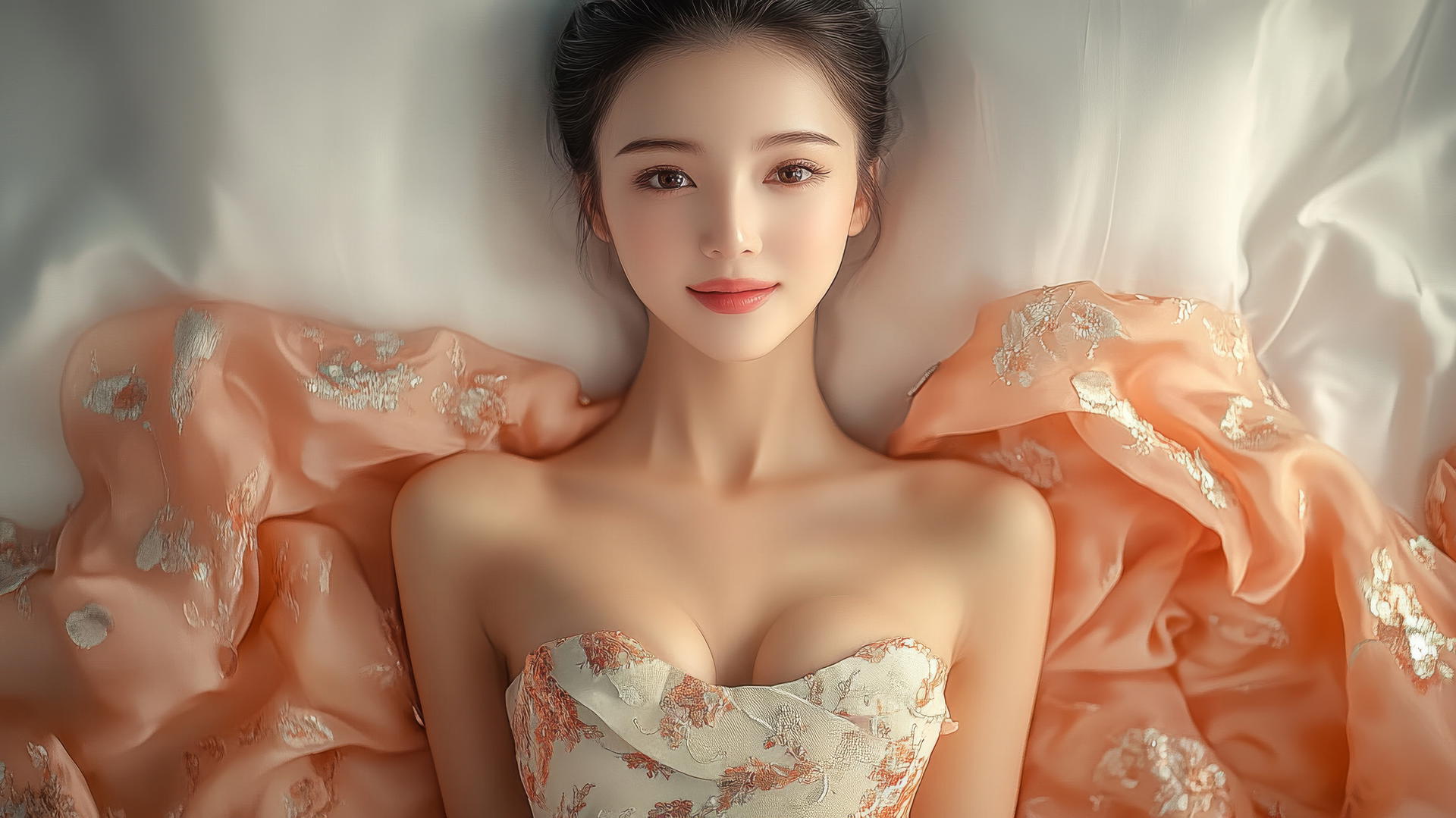 Top-down view of Vietnamese woman in bed wearing Ao Dai, smiling, with natural light on legs.
