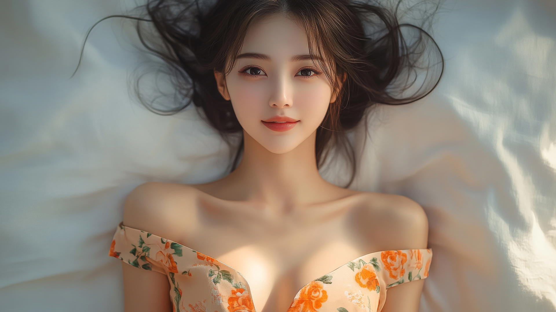 Top-down view of a Vietnamese woman in bed, wearing Ao Dai, with smooth pink skin and natural light on her legs.