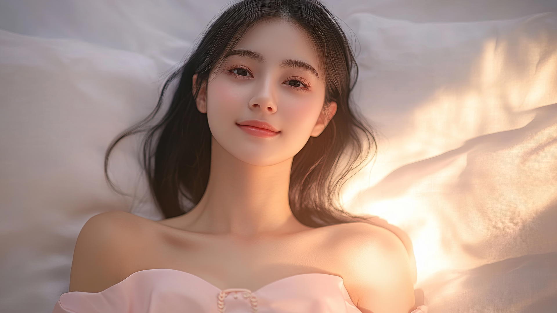 Top-down view of Vietnamese woman in Ao Dai dress lying in bed, smiling.