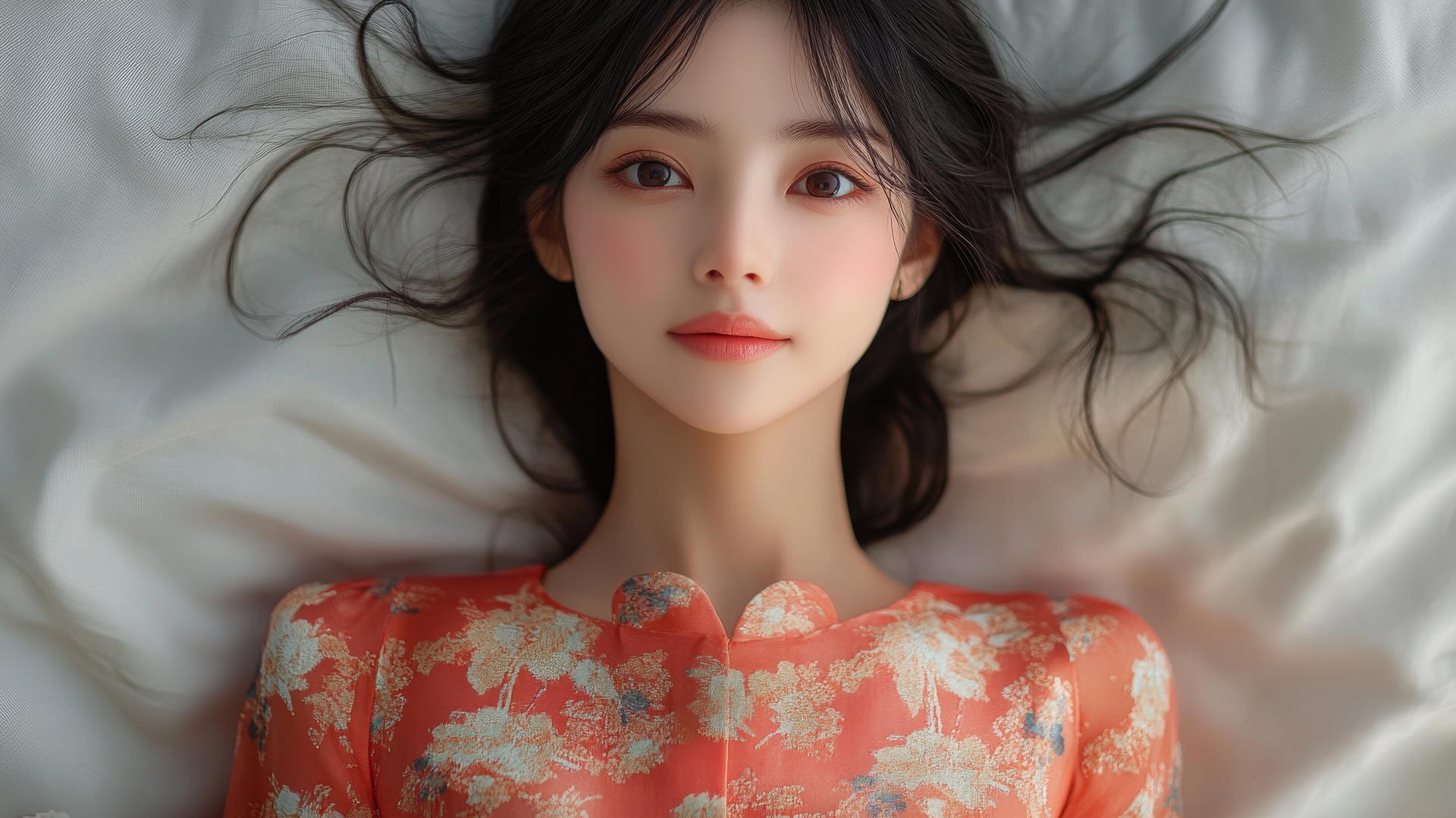 Top-down view of Vietnamese woman in Ao Dai smiling in bed