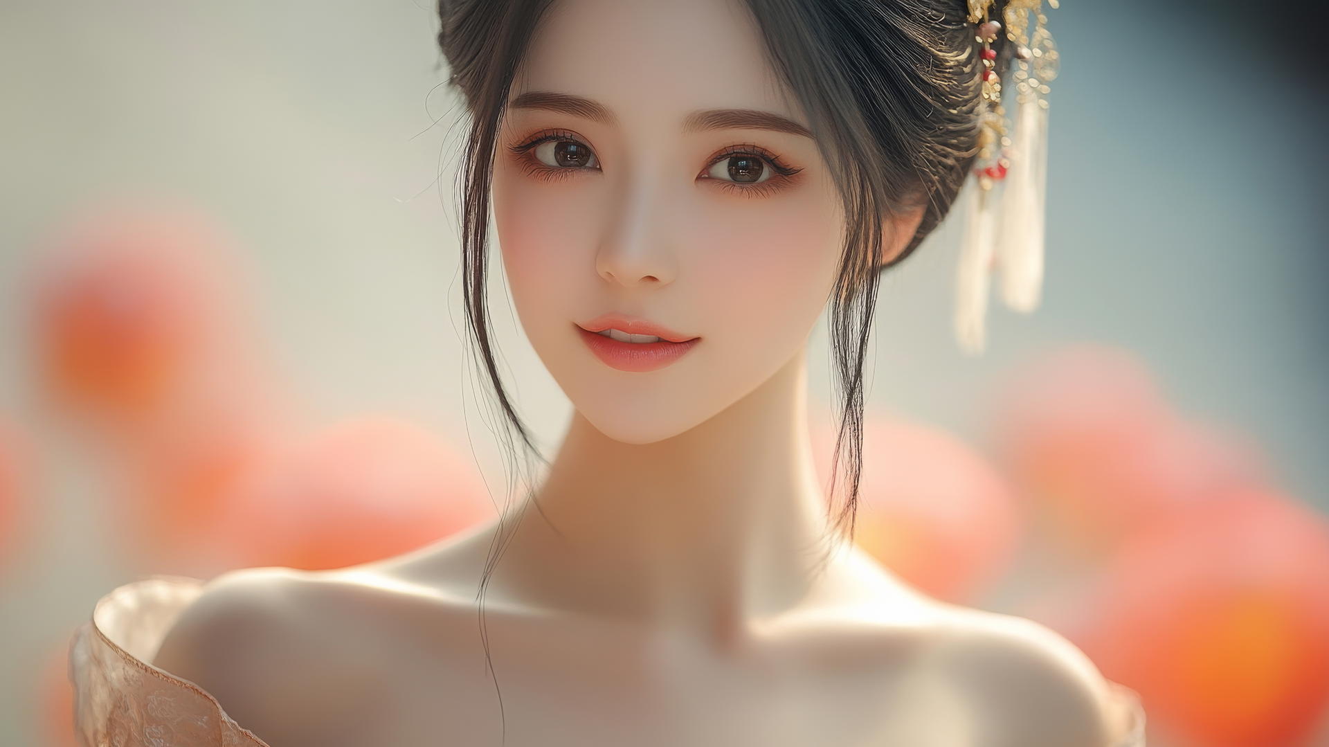 Smiling woman in Chinese costume with long black hair and a round face