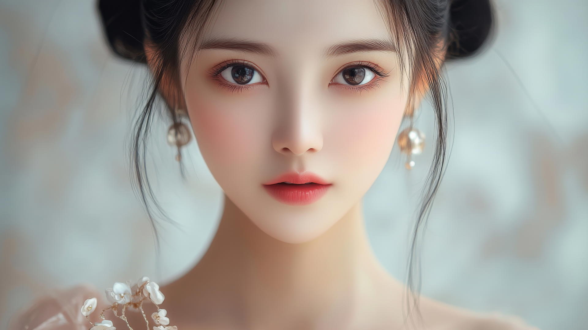 Beautiful Chinese woman in traditional costume with long black hair and a round face, smiling under side light.