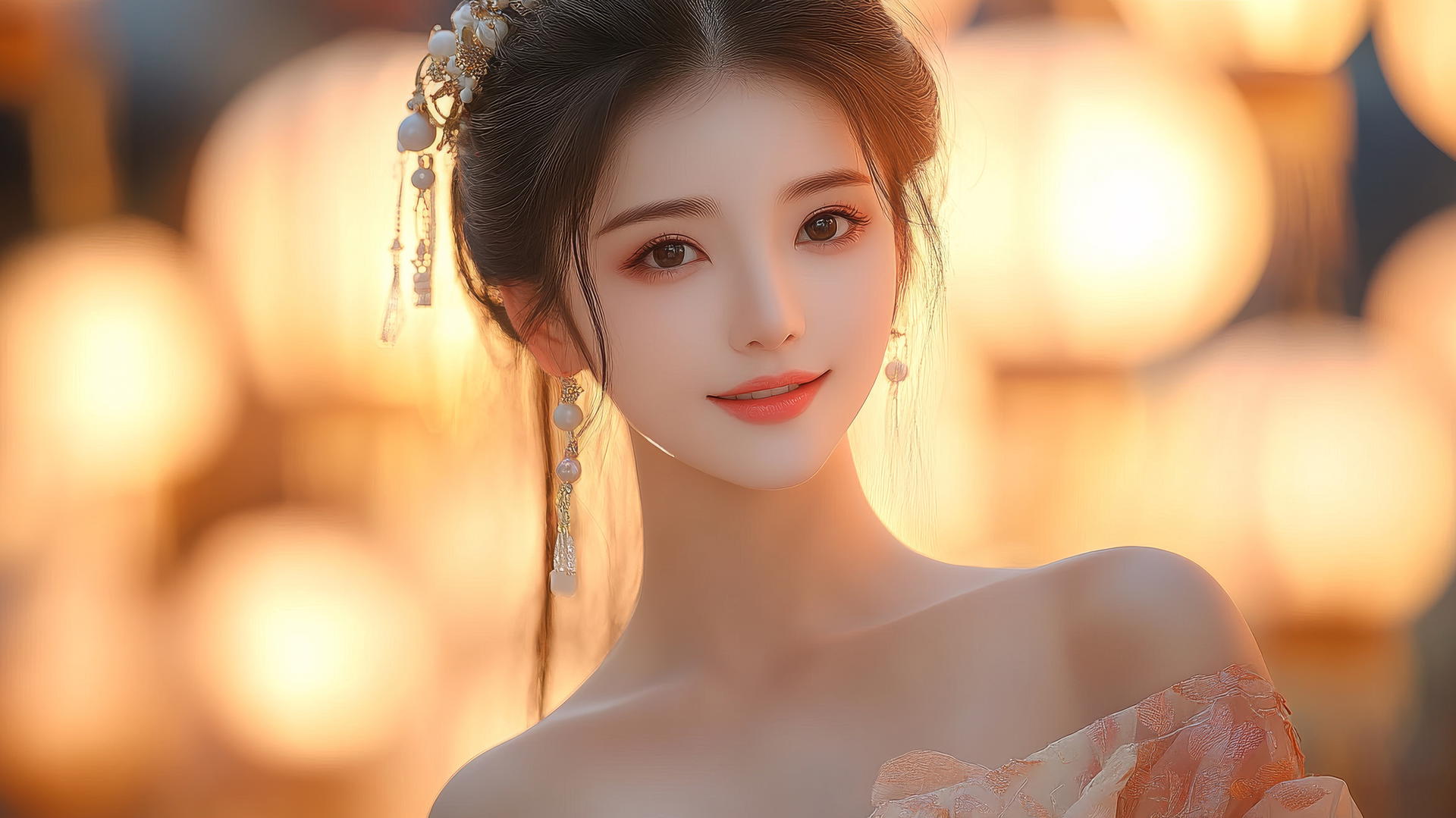 Smiling woman in Chinese costume with long black hair and round face, side-lit.