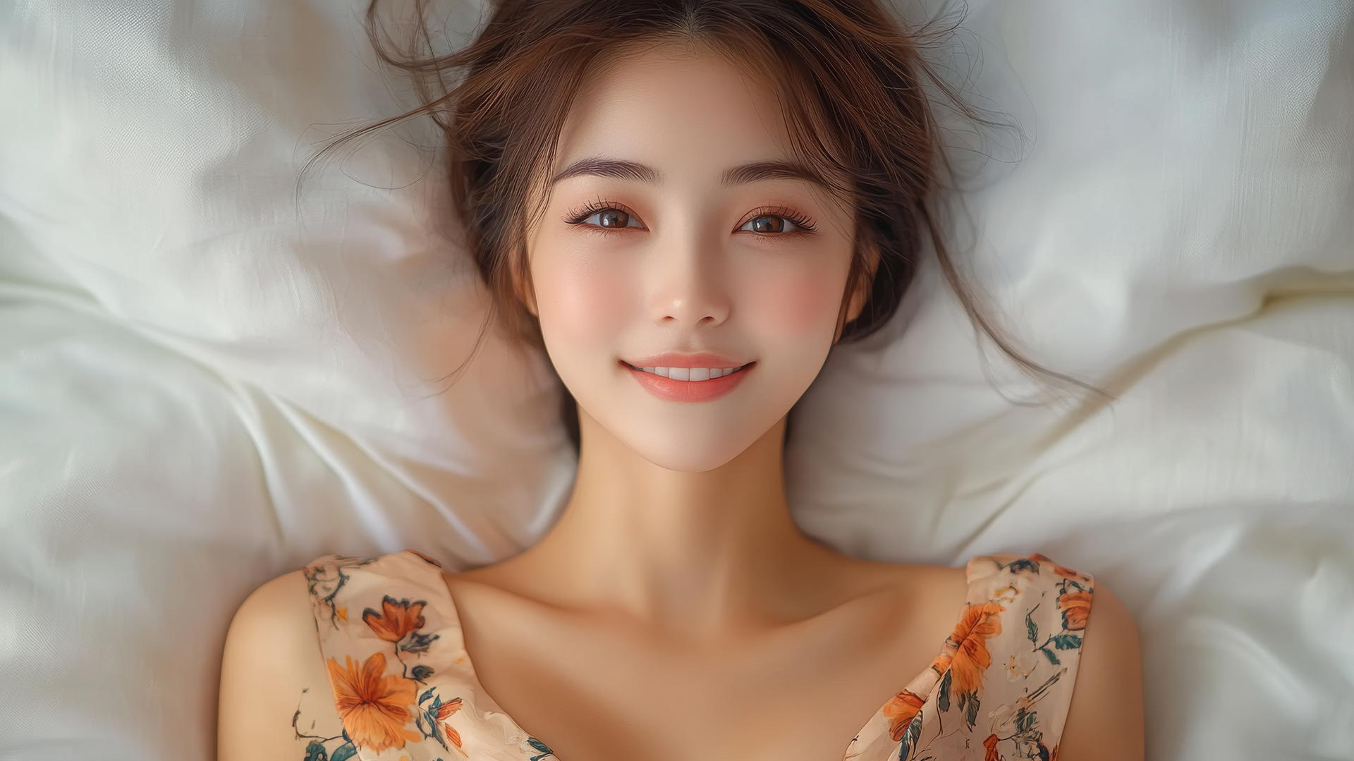Top-down view of Vietnamese woman in Ao Dai dress, smiling with smooth pink skin