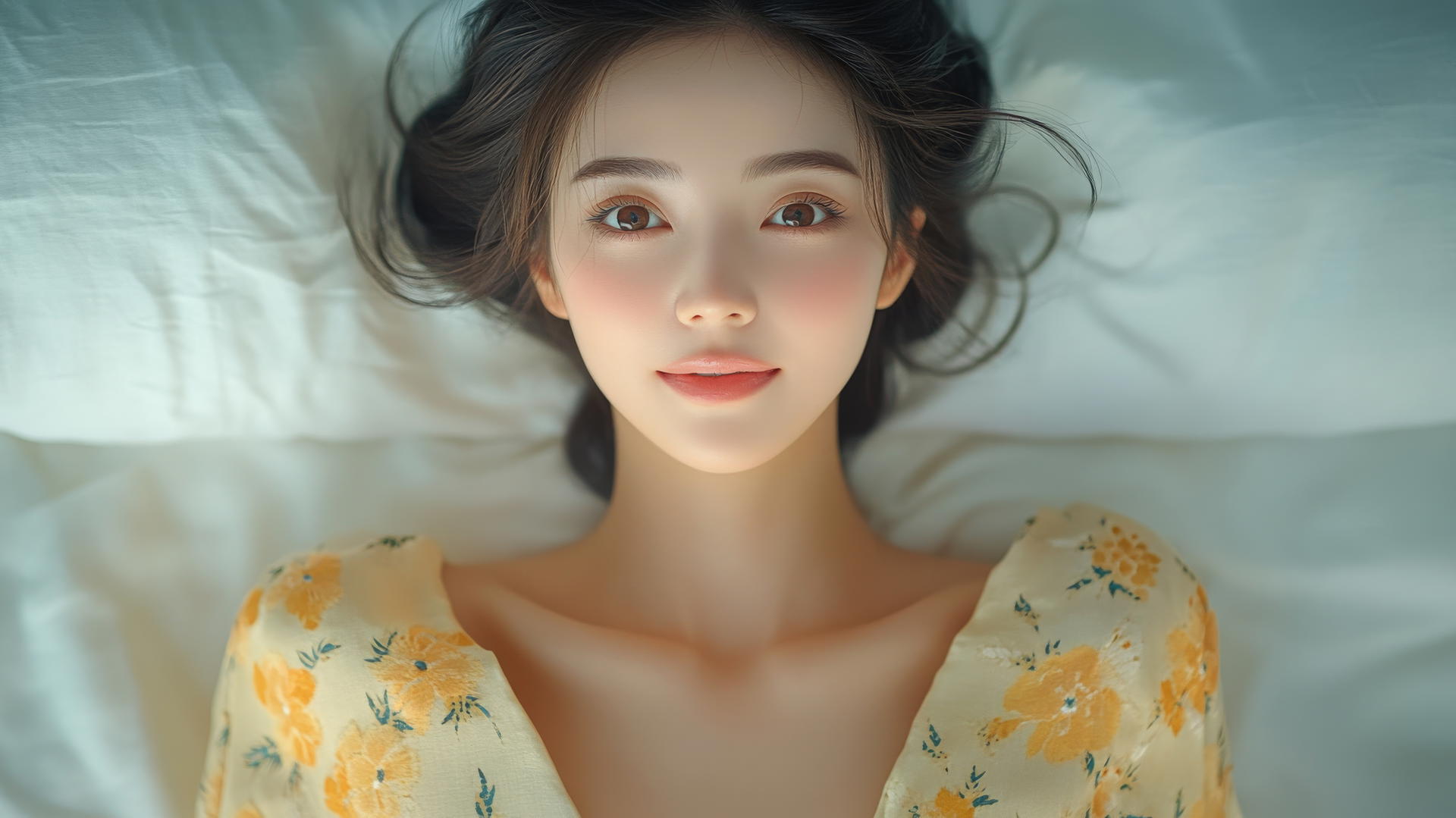 Top-down view of smiling Vietnamese woman in Ao Dai dress on bed