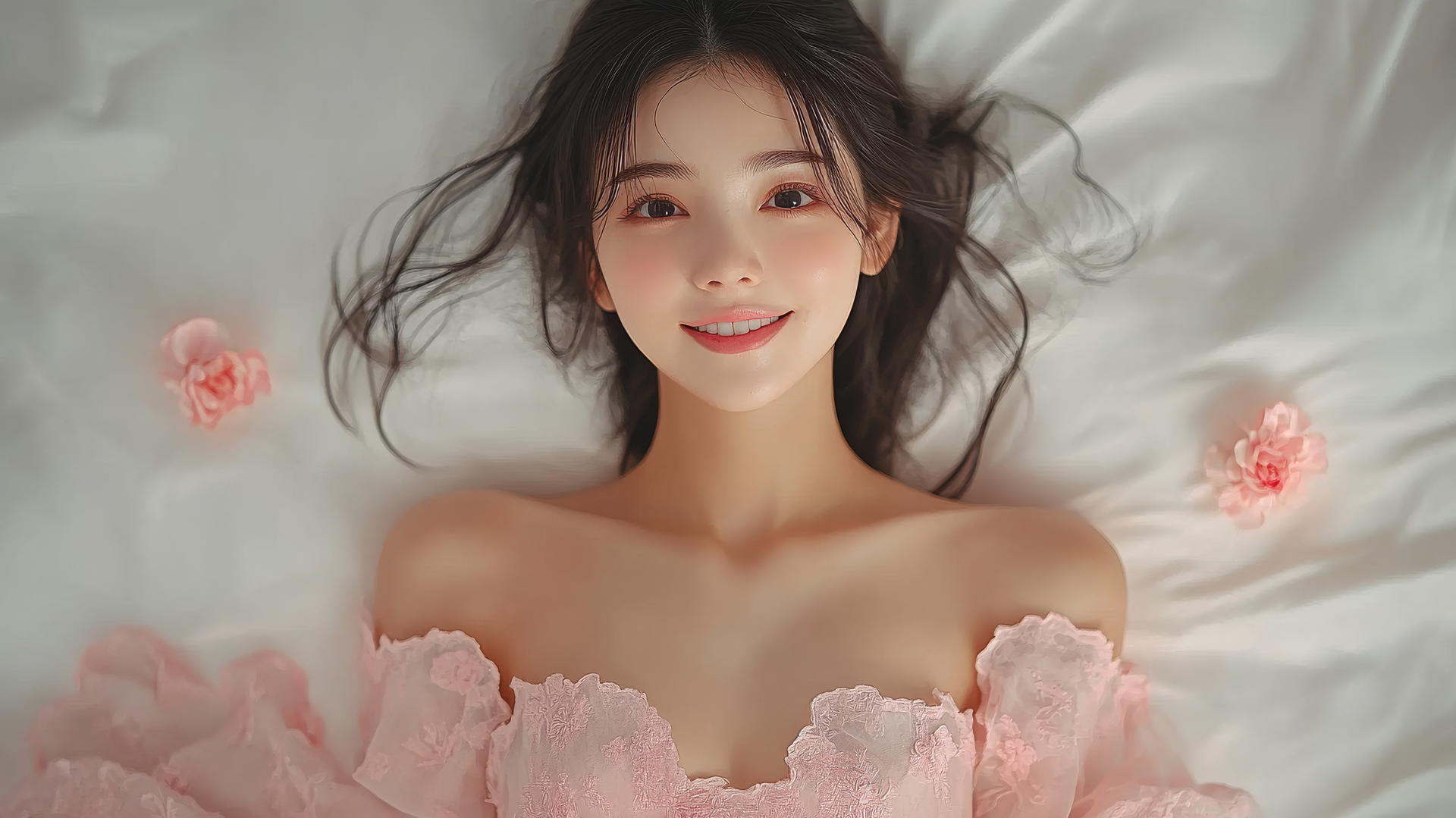 Top-down view of Vietnamese woman in Ao Dai, smiling in bed, natural light