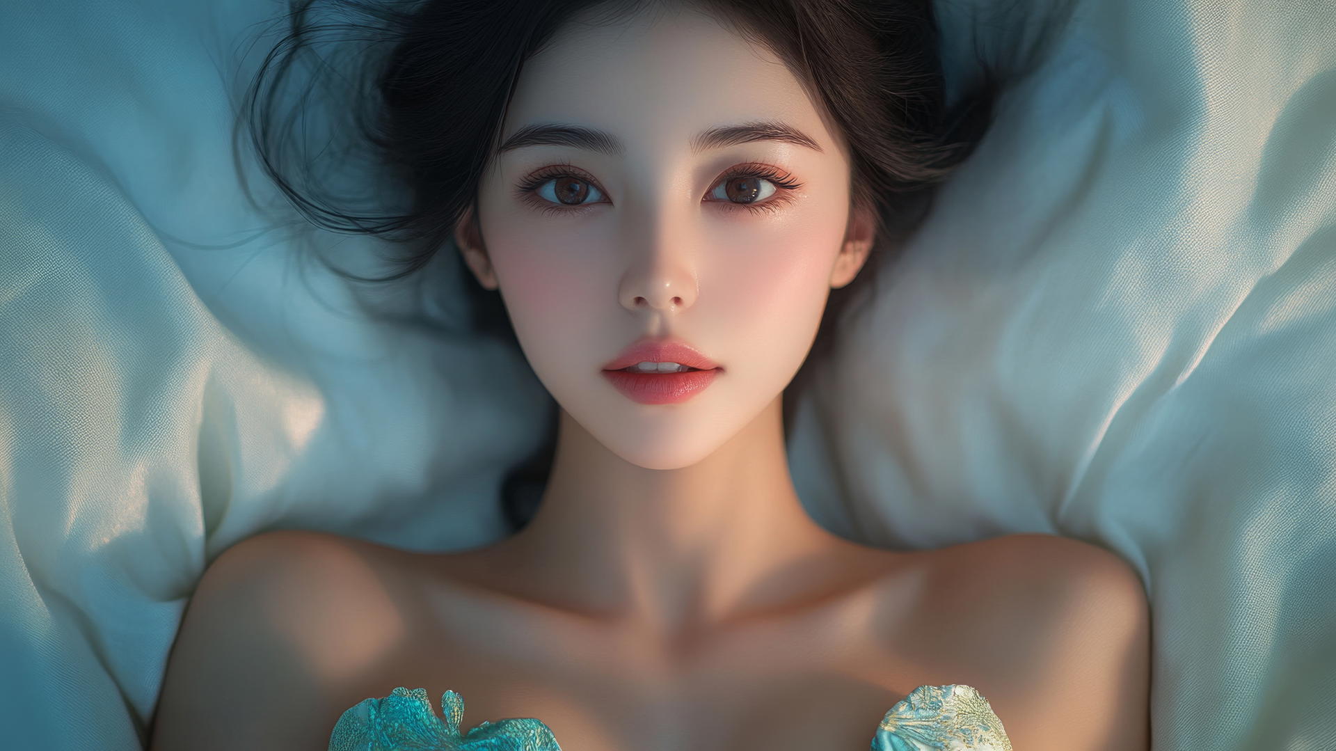 Top-down view of a Vietnamese woman lying in bed wearing a traditional Ao Dai dress, smiling.