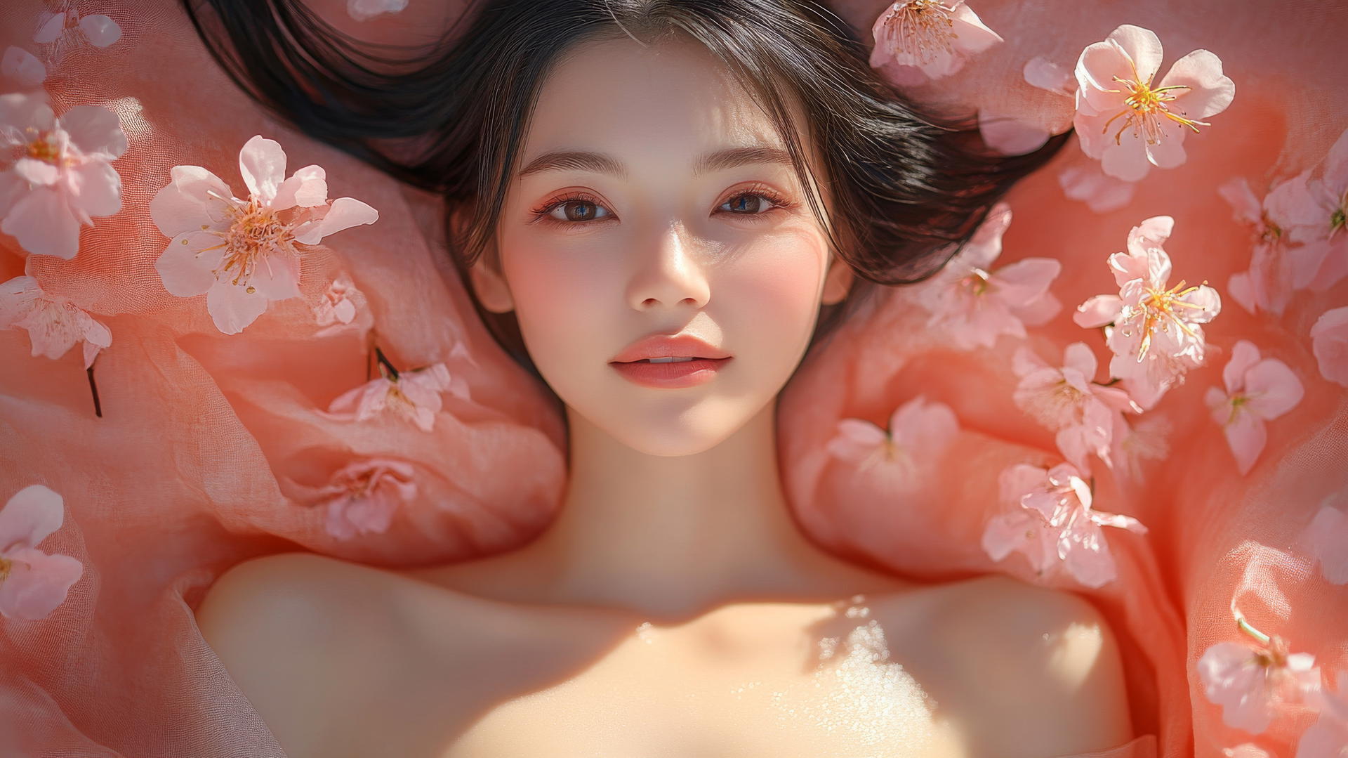 Top-down view of a smiling Vietnamese woman on a bed in Ao Dai, with smooth pink skin under natural light.