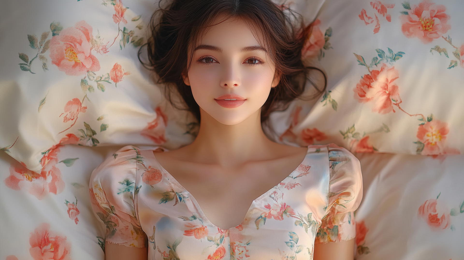 Top-down view of Vietnamese woman in Ao Dai dress, smiling in bed